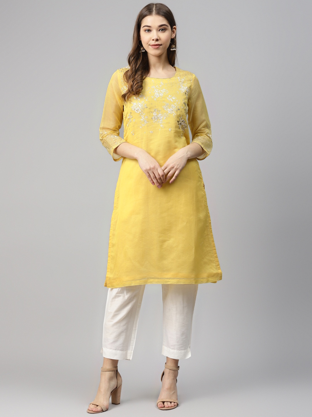 

Biba Women Mustard Yellow & Golden Yoke Design Straight Kurta