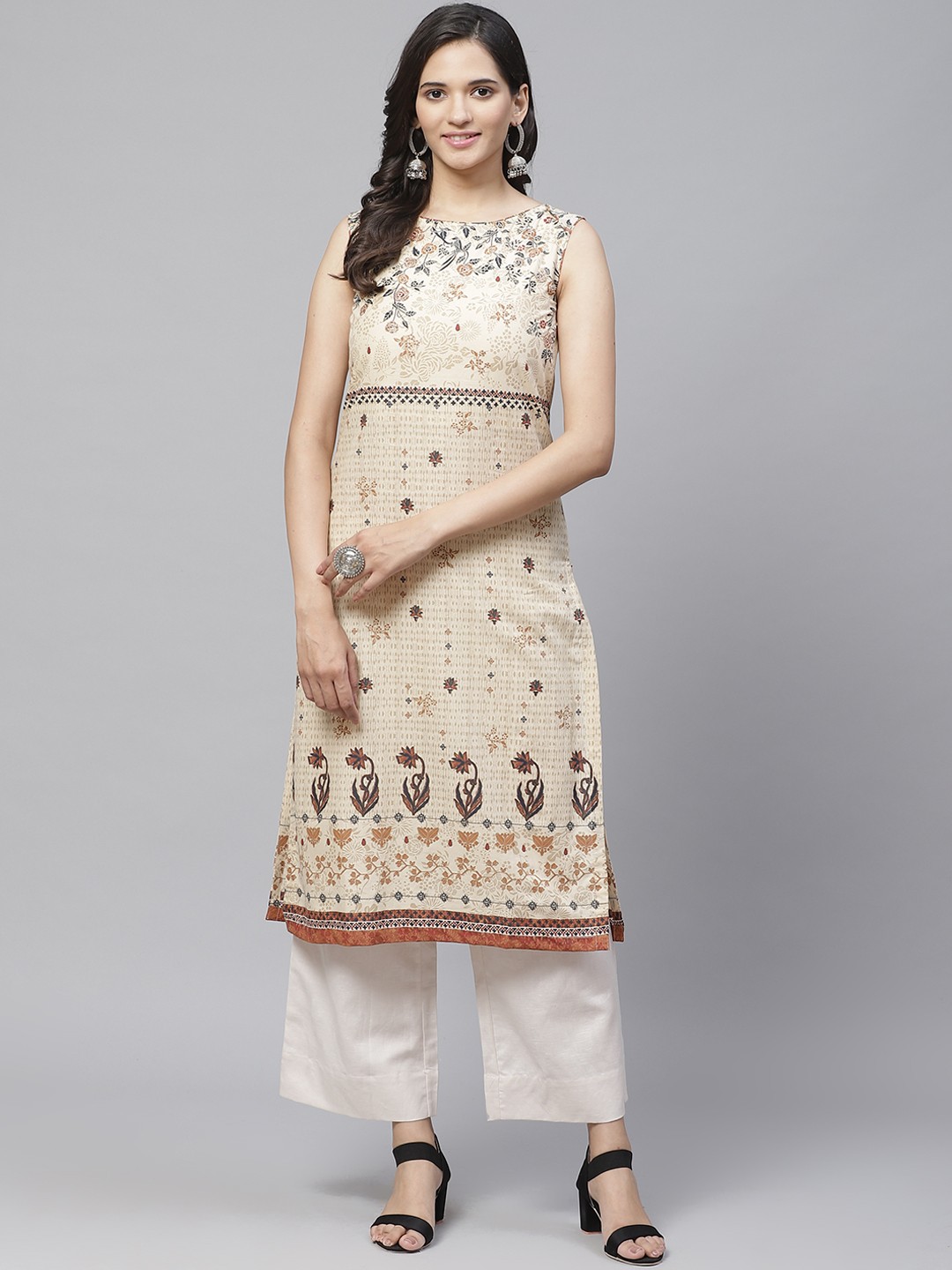 

Biba Women Cream-Coloured & Brown Printed Straight Kurta