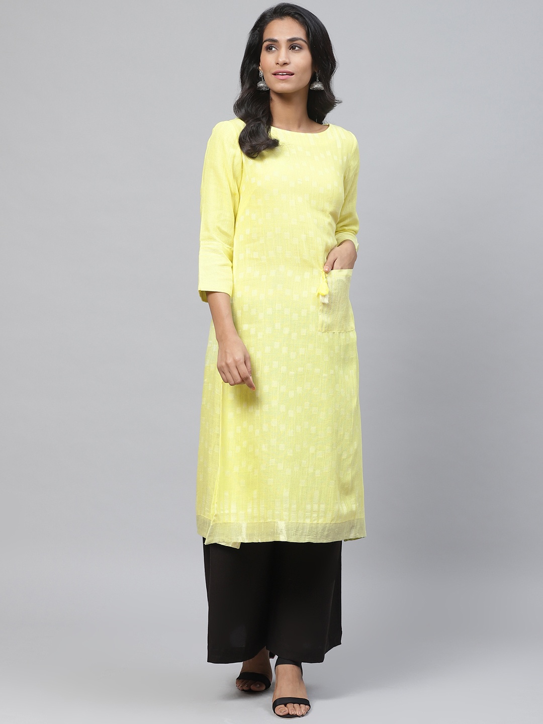 

Biba Women Yellow & White Woven Design A-Line Kurta