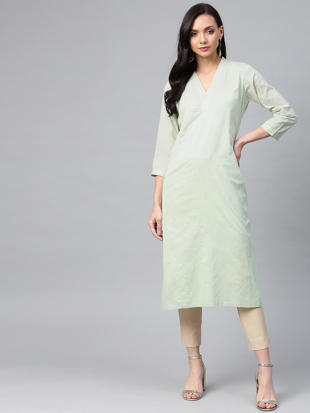 

Biba Women Green Mukaish Work Straight Kurta