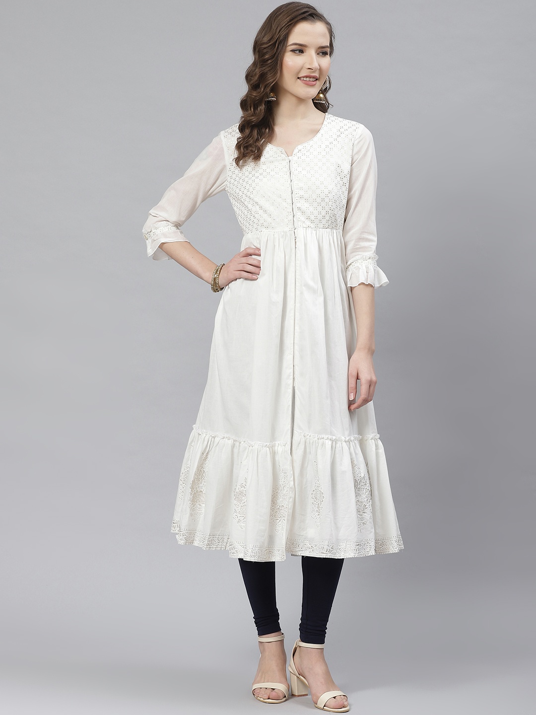 

Biba Women White & Golden Printed A-Line Tiered Kurta