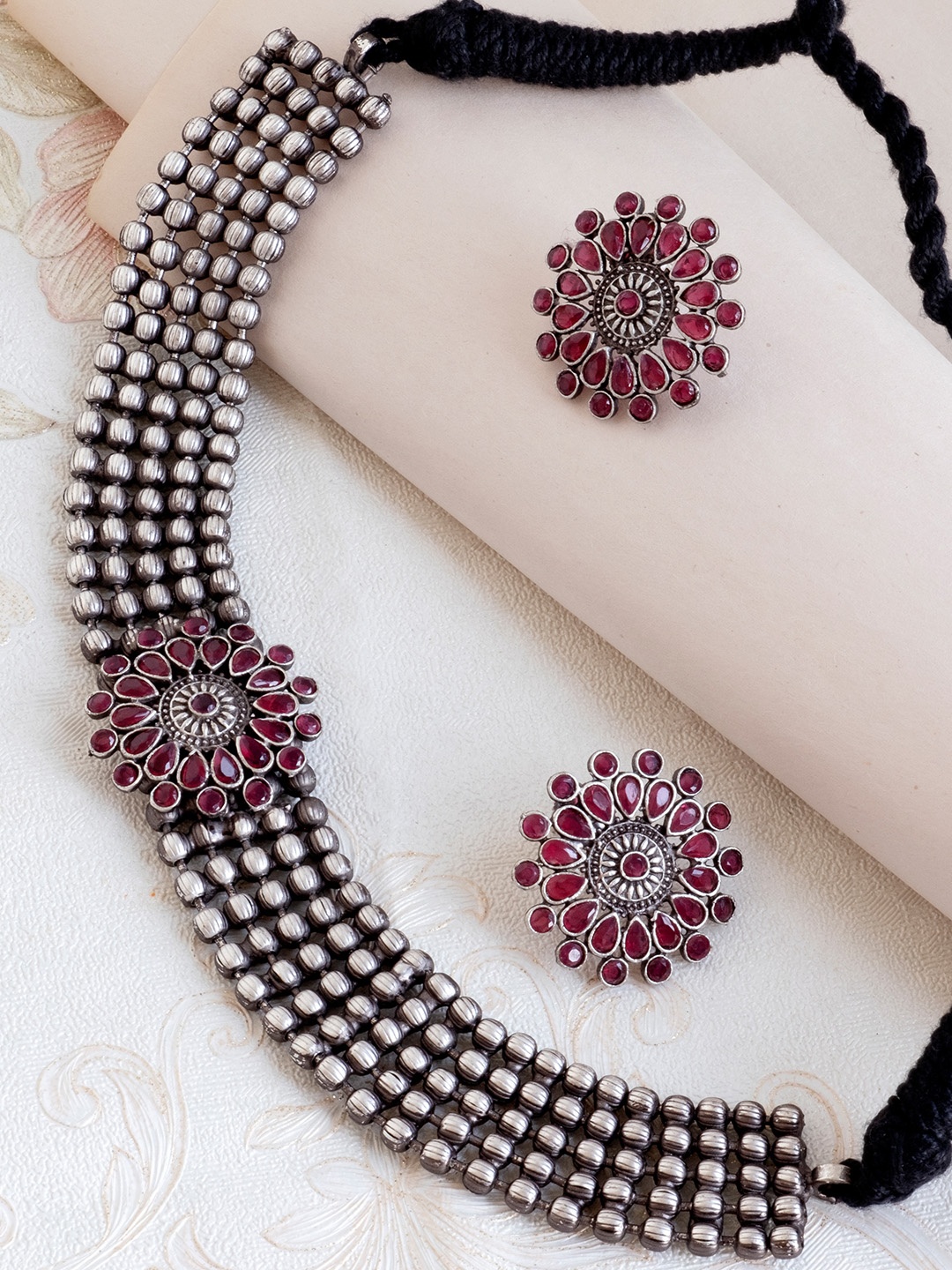 

Infuzze Oxidised Silver-Plated Red Stone-Studded Jewellery Set