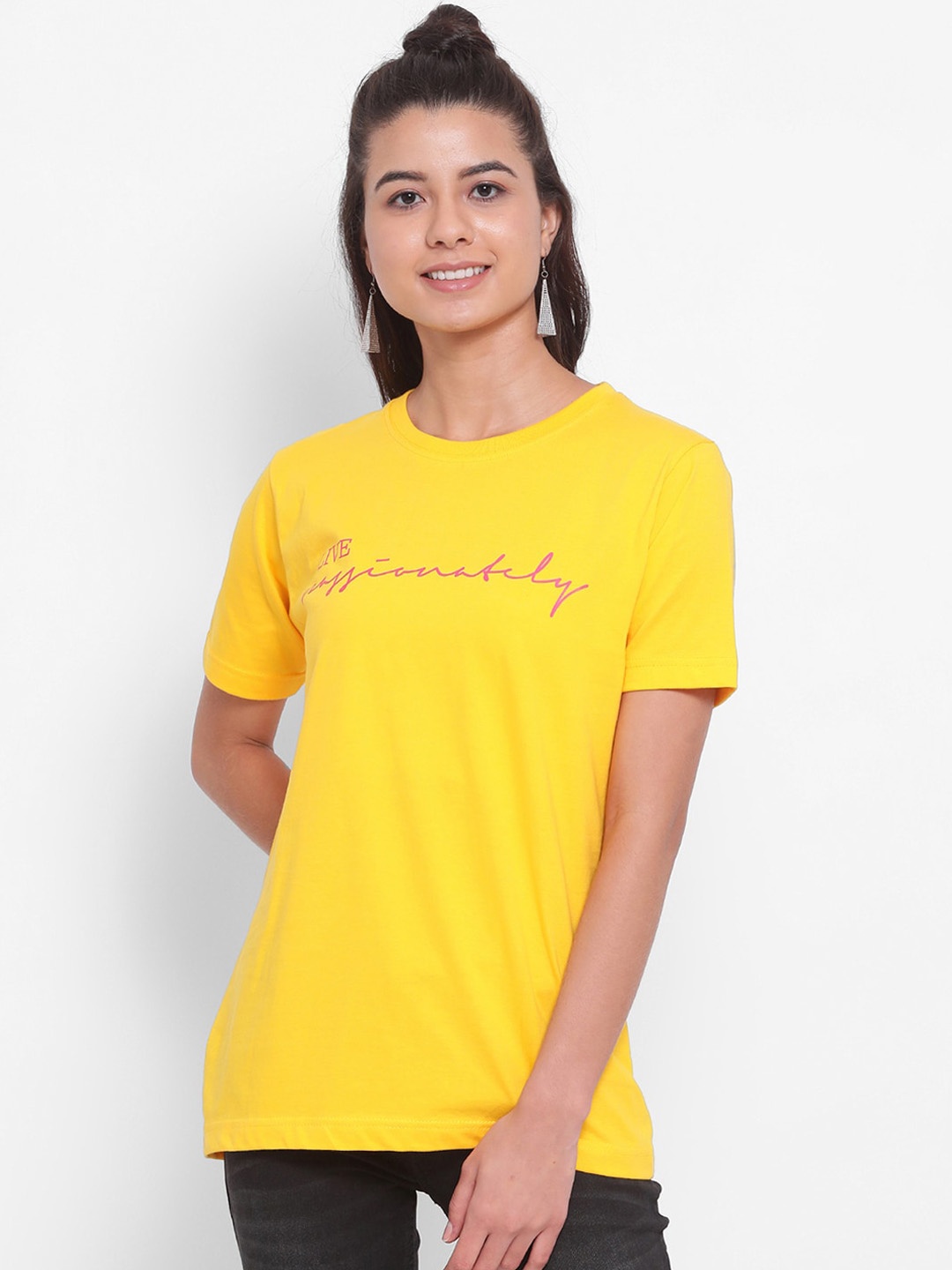 

YOLOCLAN Women Yellow Pink Printed Round Neck Pure Cotton T-shirt