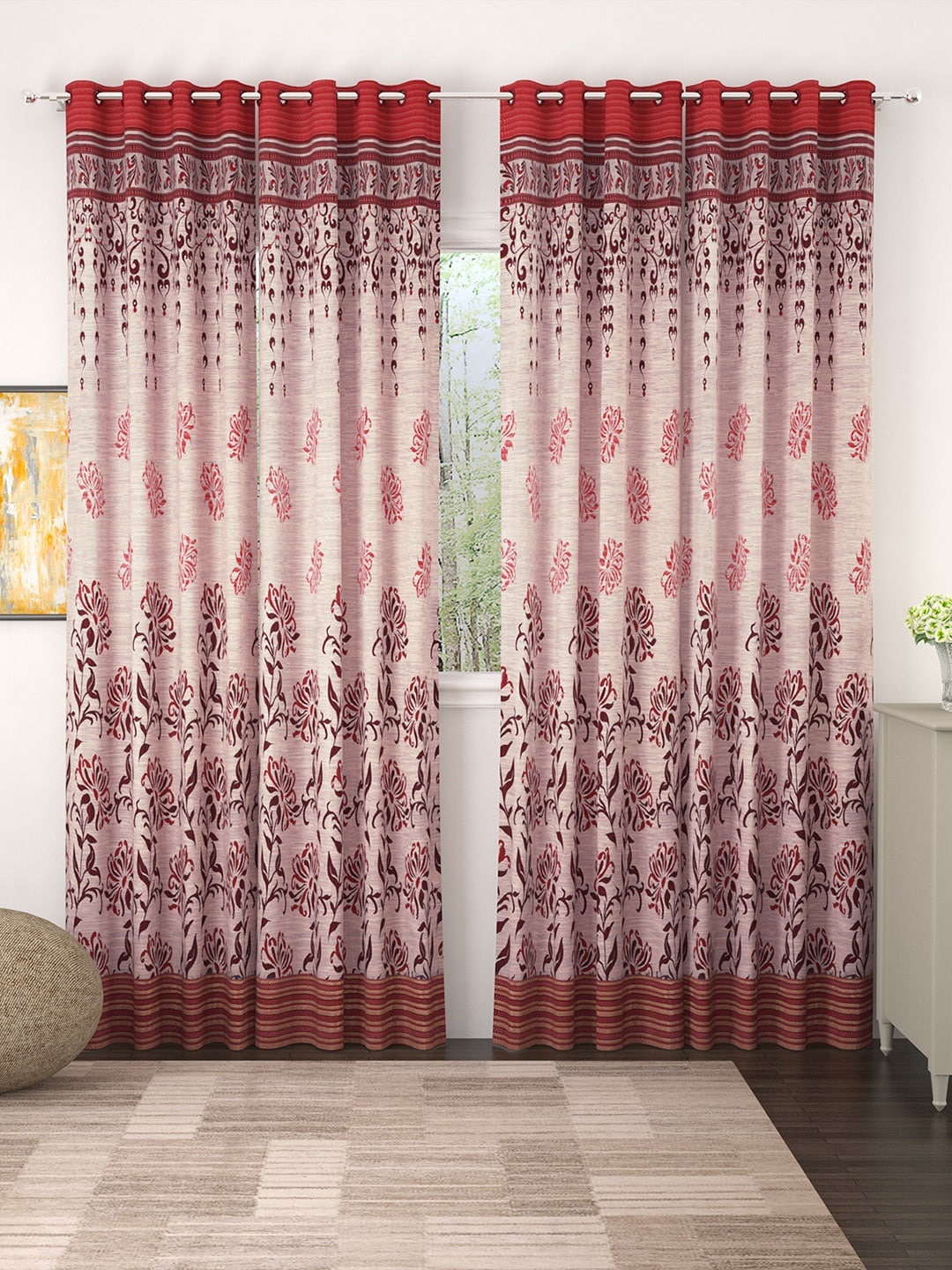 

Story@home Maroon Set of 4 Premium Jacquard 350GSM Room Darkening Eyelet Long Door Curtains