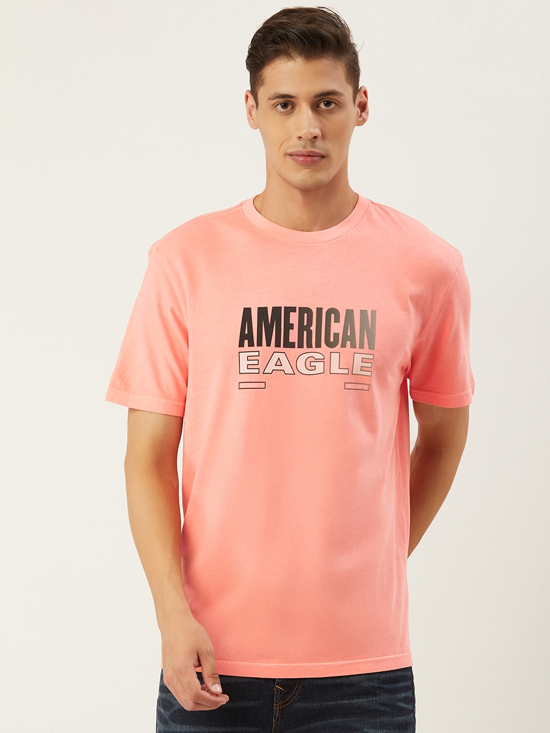 

AMERICAN EAGLE OUTFITTERS Men Coral Pink Brand Logo Print Round Neck T-shirt