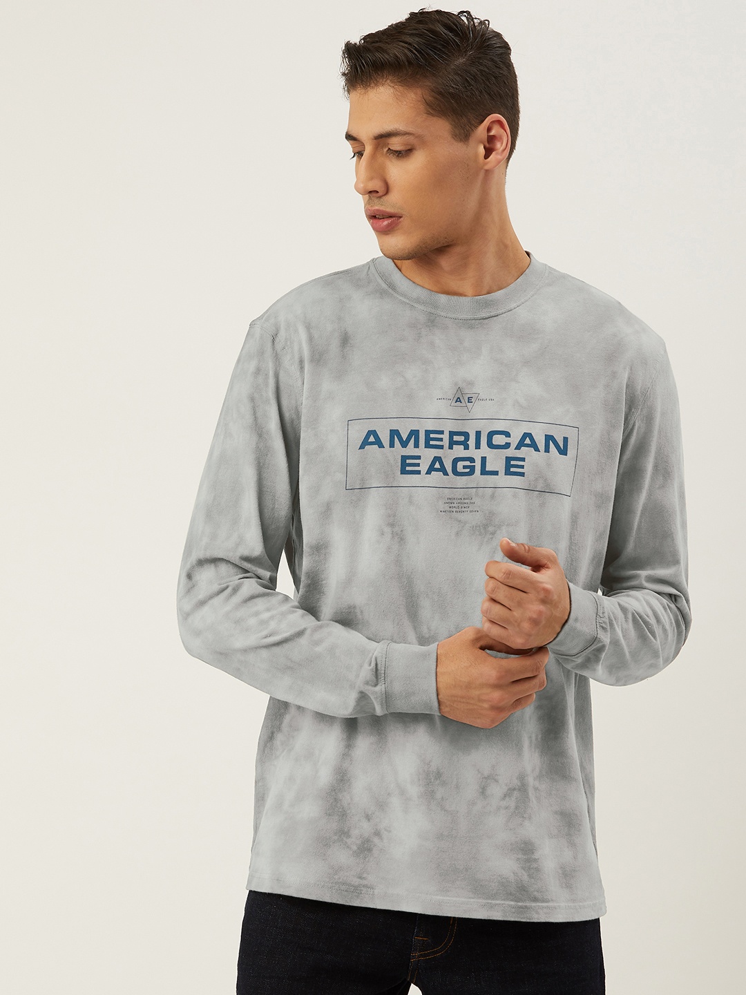 

AMERICAN EAGLE OUTFITTERS Men Grey & Blue Dyed Brand Logo Print Round Neck T-shirt