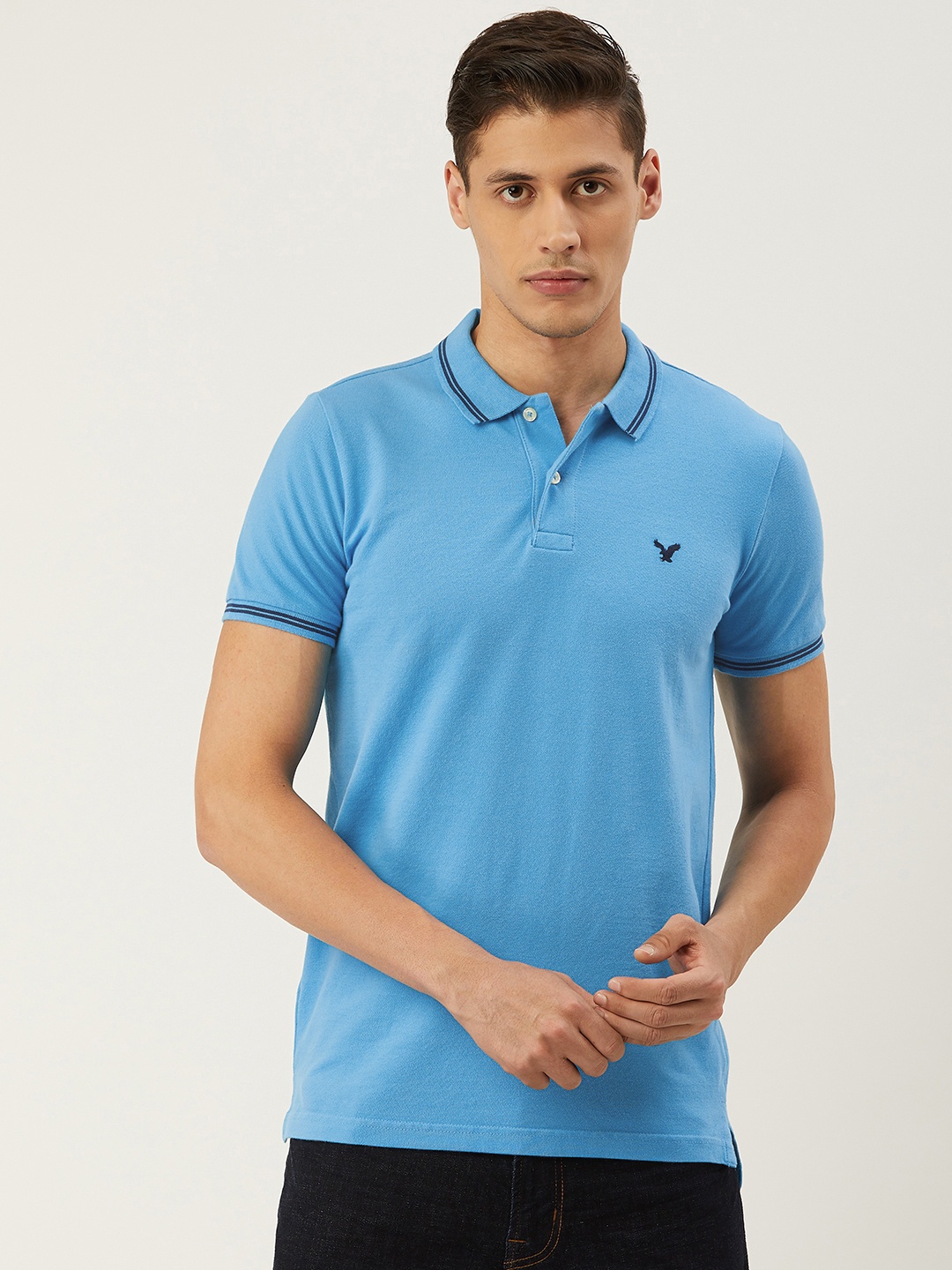 

AMERICAN EAGLE OUTFITTERS Men Blue Solid Polo Collar T-shirt