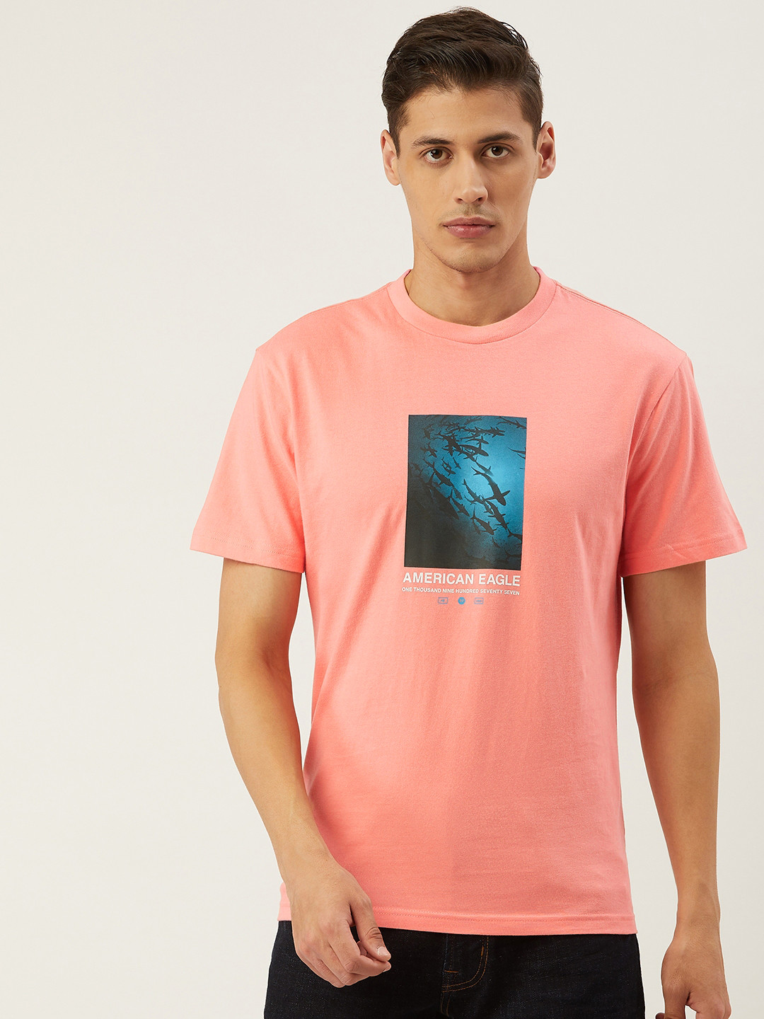 

AMERICAN EAGLE OUTFITTERS Men Standard Fit Coral Pink & Blue Printed Round Neck T-shirt