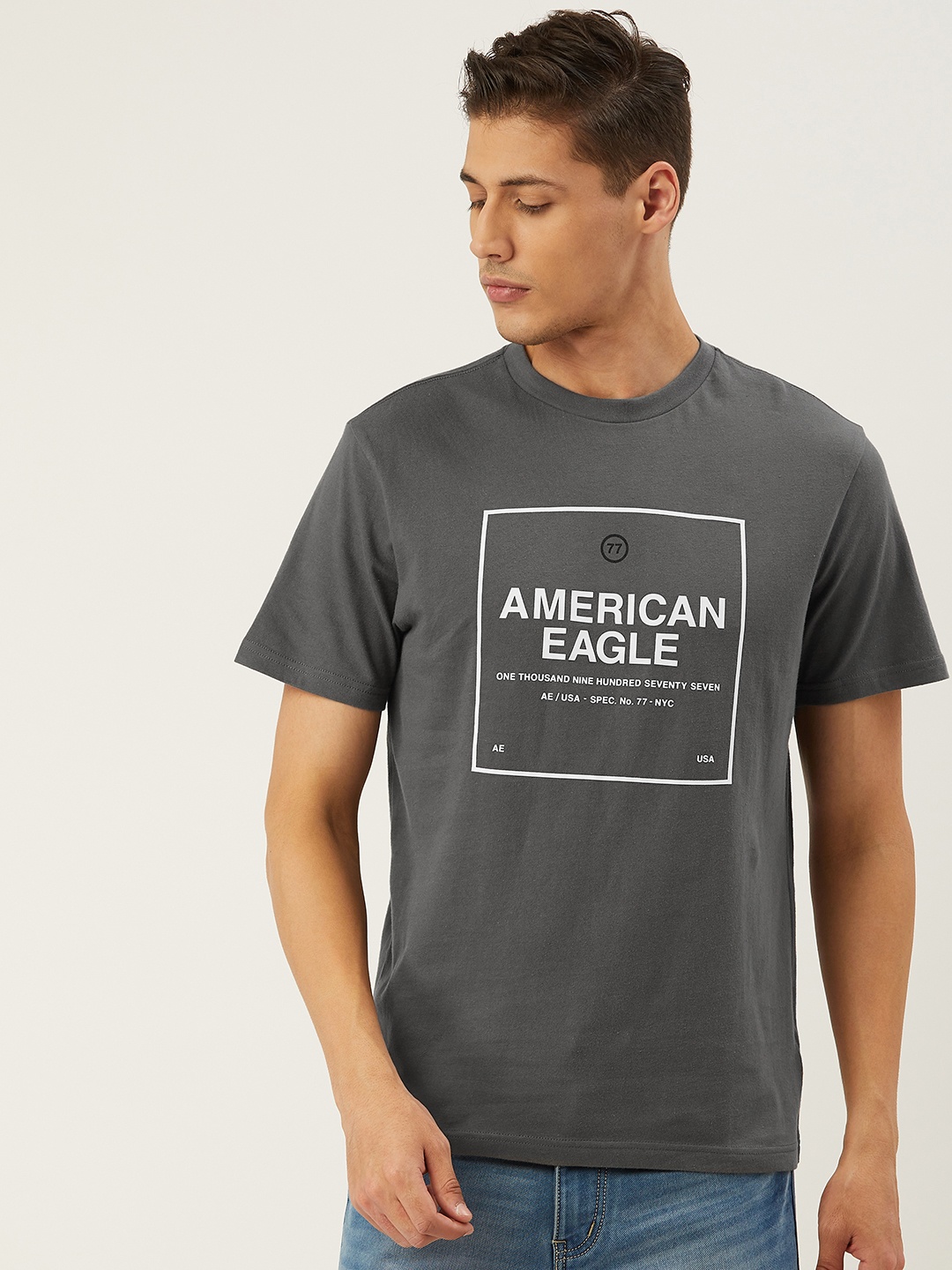 

AMERICAN EAGLE OUTFITTERS Men Charcoal Grey & White Standard Fit Printed T-shirt