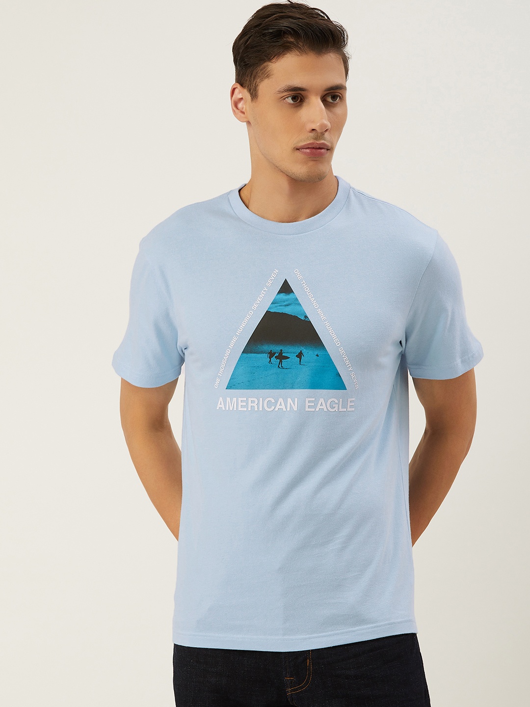 

AMERICAN EAGLE OUTFITTERS Men Blue Printed Round Neck Pure Cotton T-shirt