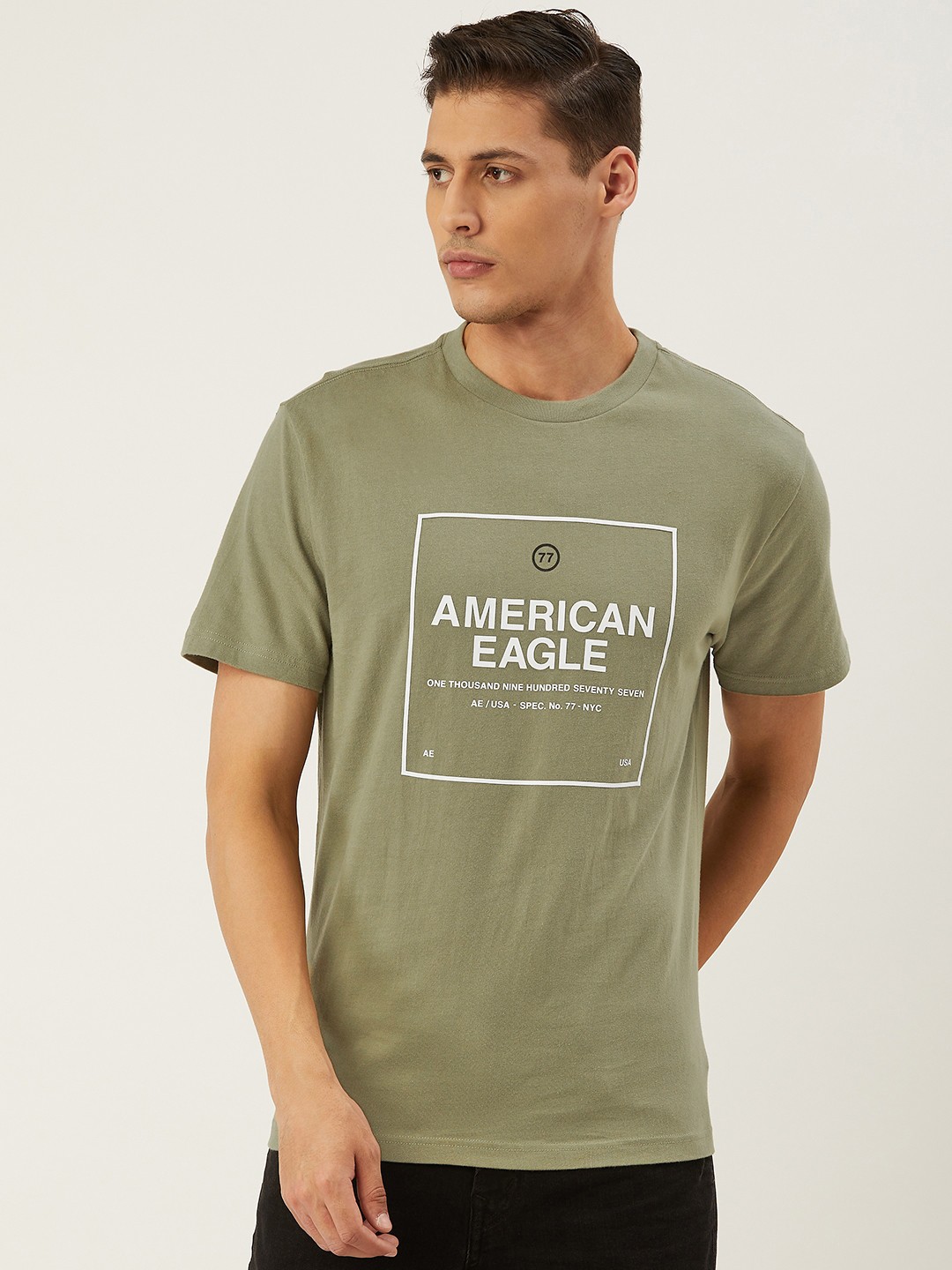 

AMERICAN EAGLE OUTFITTERS Men Olive Green Brand Logo Print Round Neck Pure Cotton T-shirt