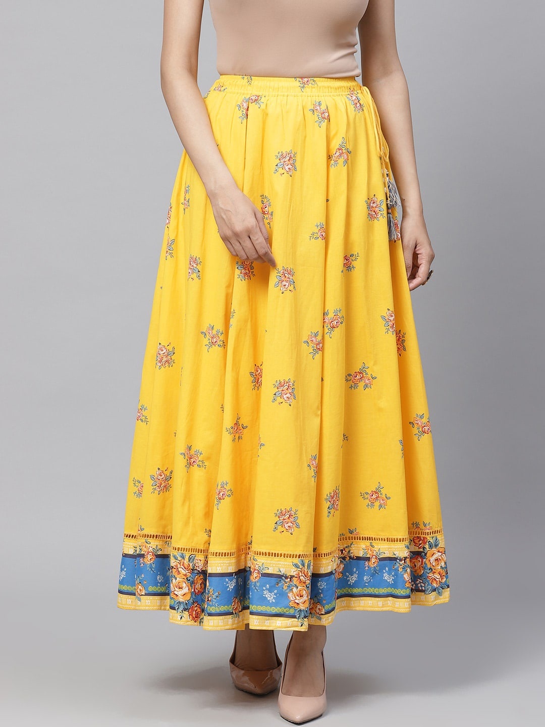 

Biba Women Yellow & Pink Floral Print Maxi Flared Skirt