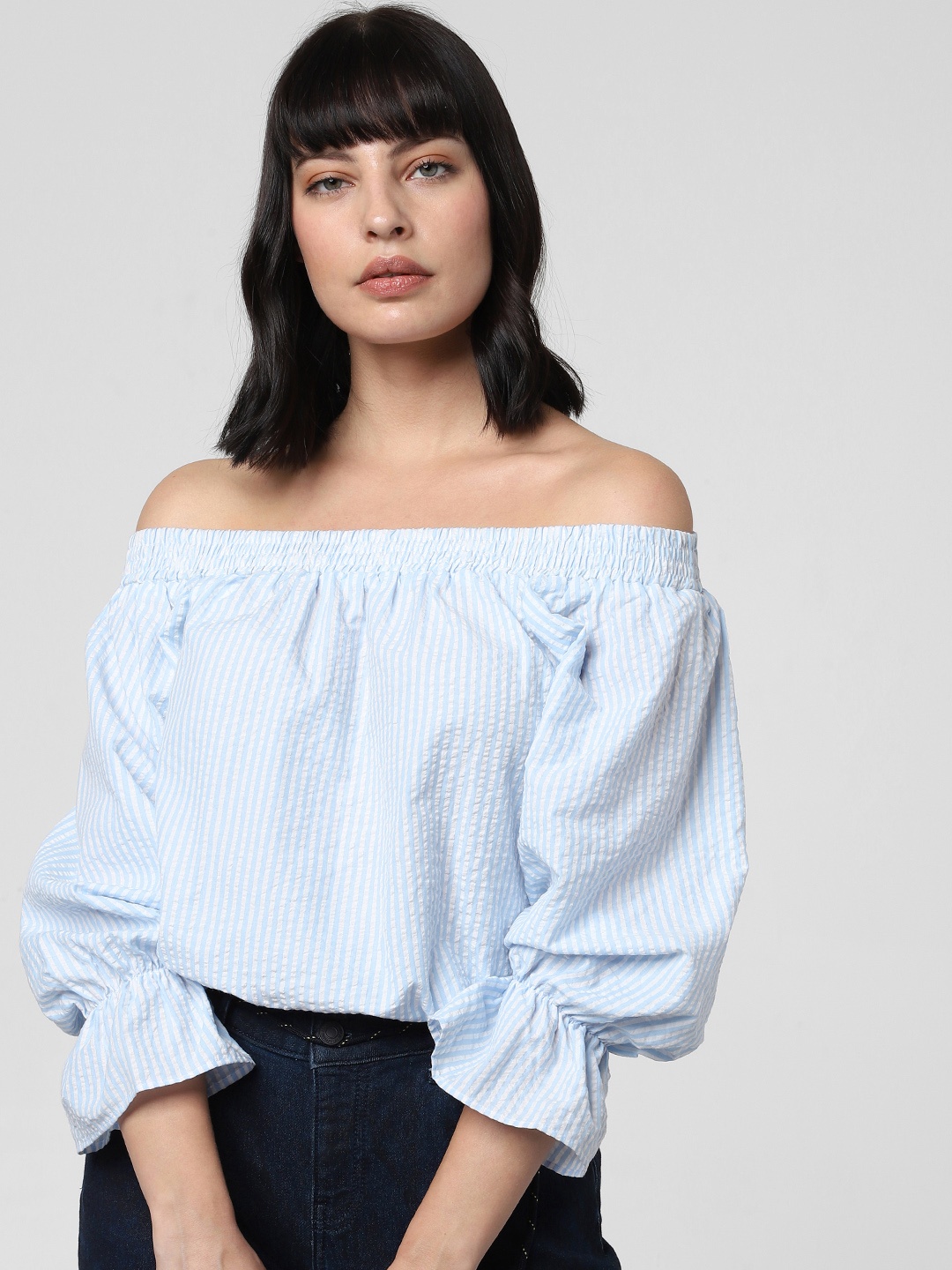 

Vero Moda Women Blue Striped Bardot Seersucker Top with Smocked Detail