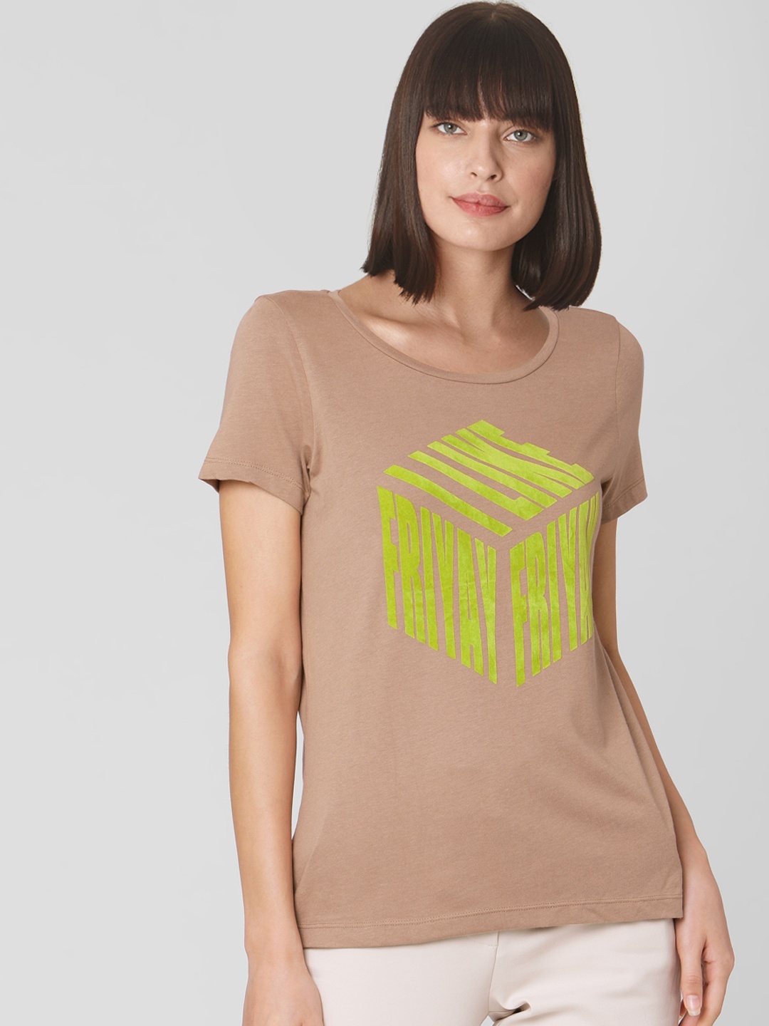 

Vero Moda Women Brown Printed Scoop Neck T-shirt