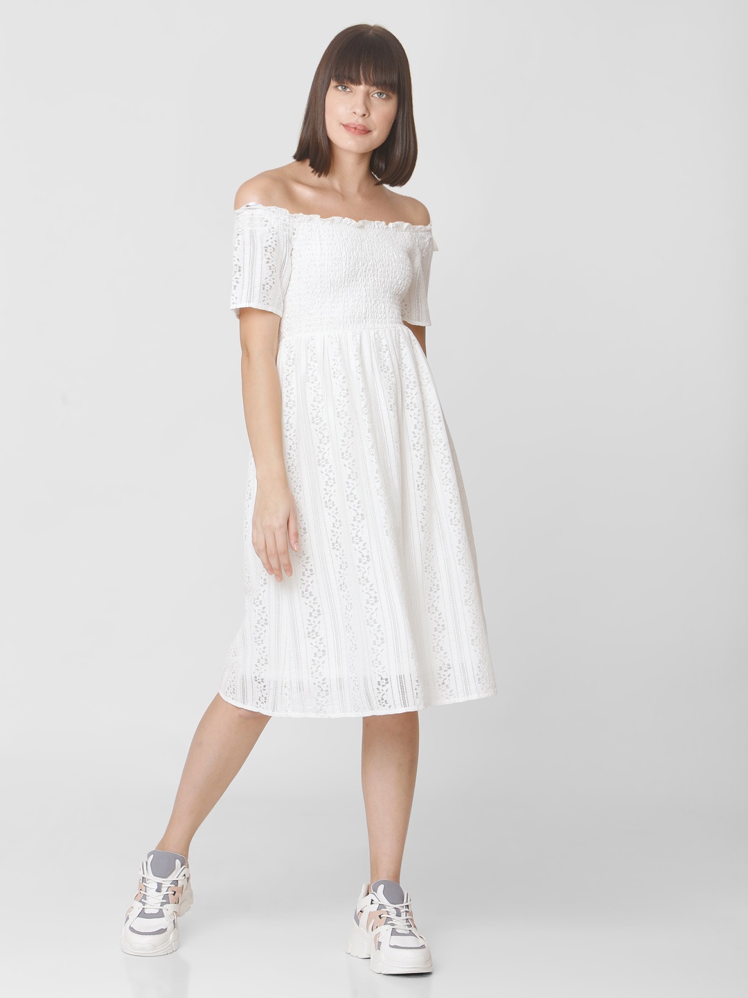 

Vero Moda Women White Self Design Fit and Flare Smocked Lace Dress
