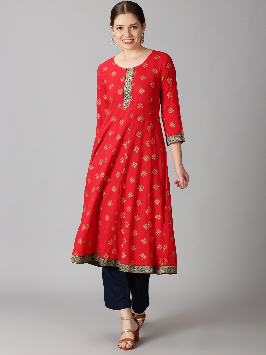 

Saffron Threads Women Red & Golden Printed Anarkali Kurta