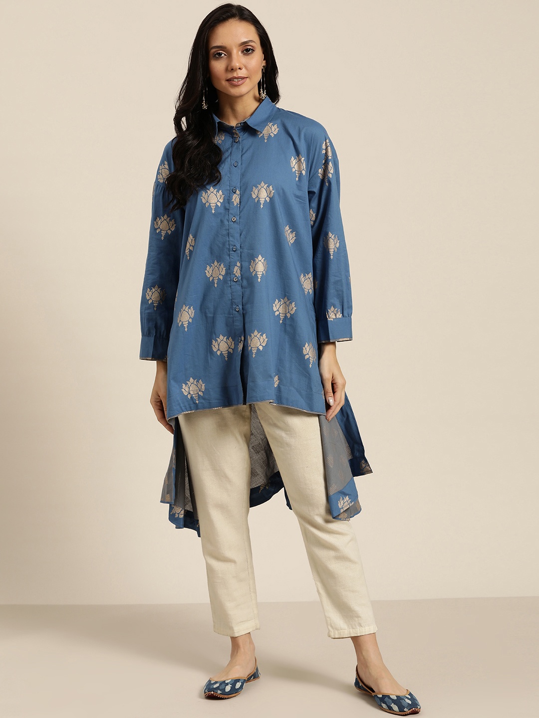 

Sangria Women Blue & Golden Printed Shirt Style High Low Pure Cotton Top