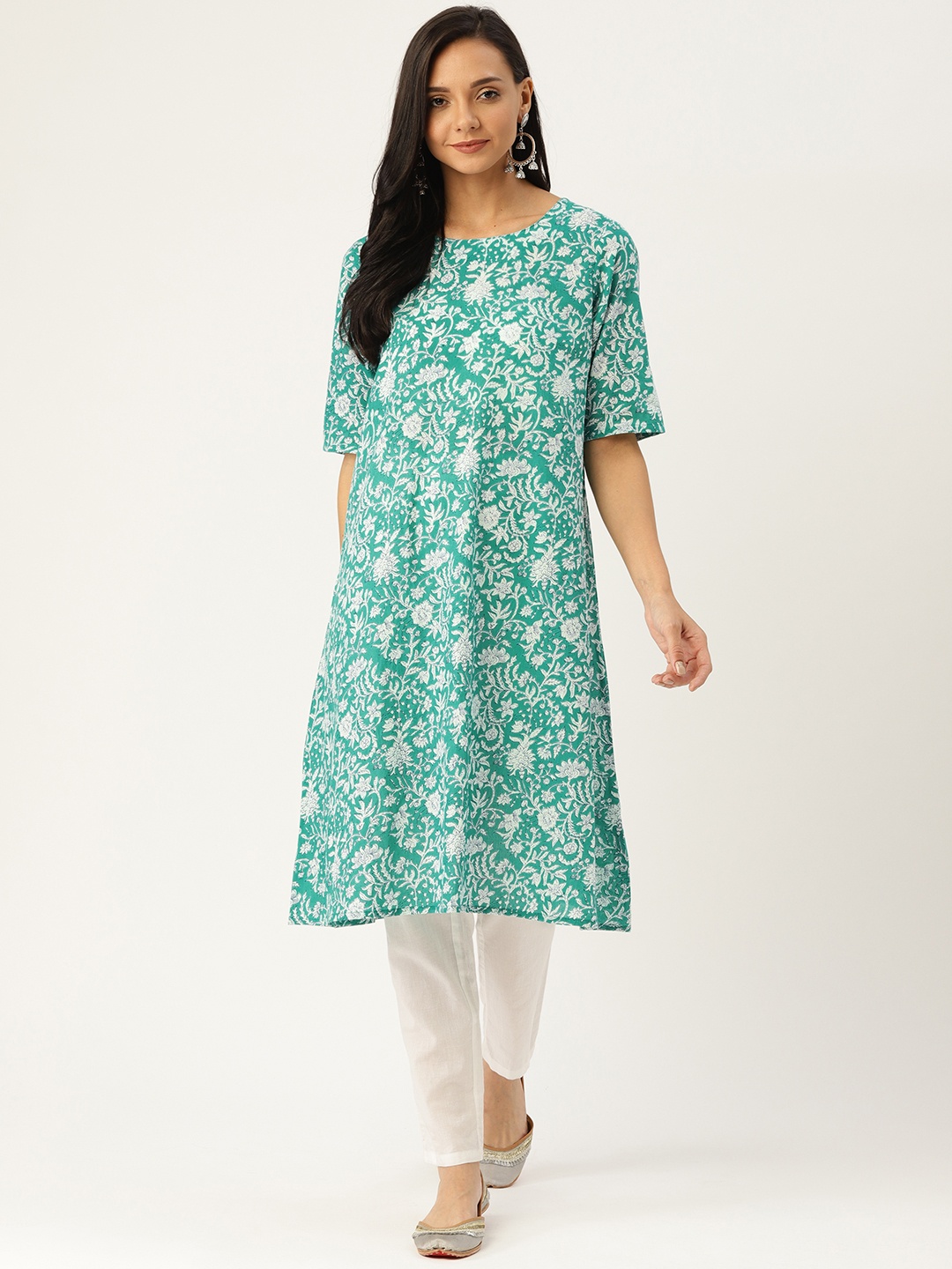 

Sangria Women Green & White Printed A-Line Kurta