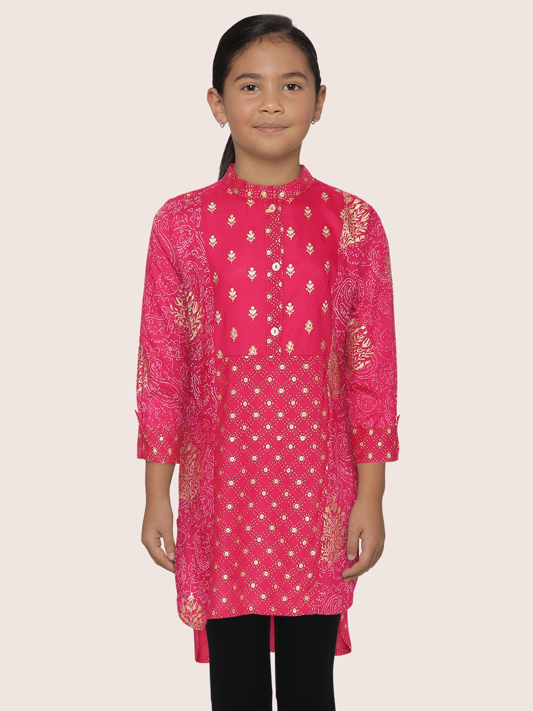 

Sangria Girls Fuchsia & Golden Printed Mandarin Collar High-Low Straight Tunic