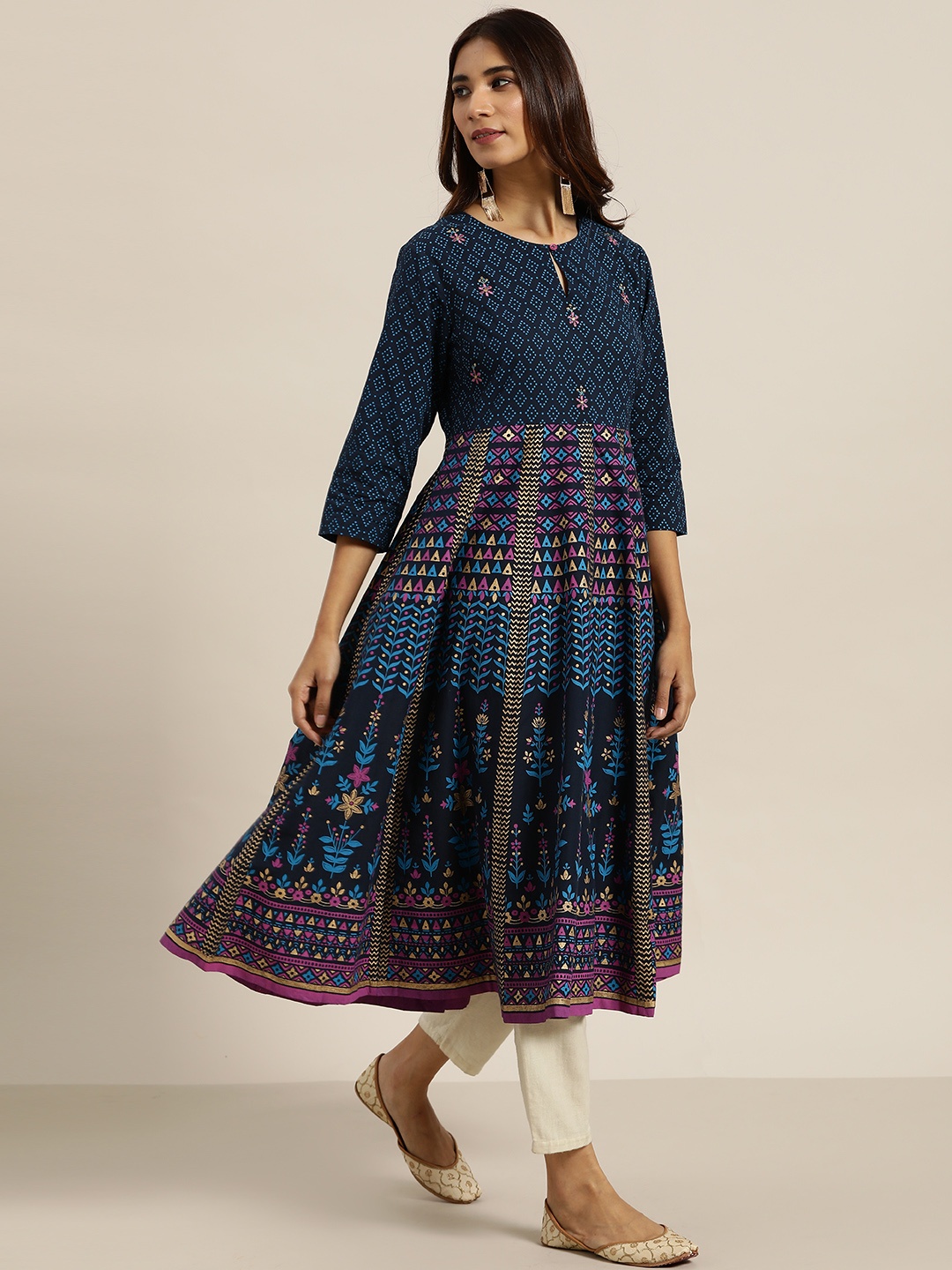 

Sangria Women Navy Blue & Pink Printed A-Line Kurta