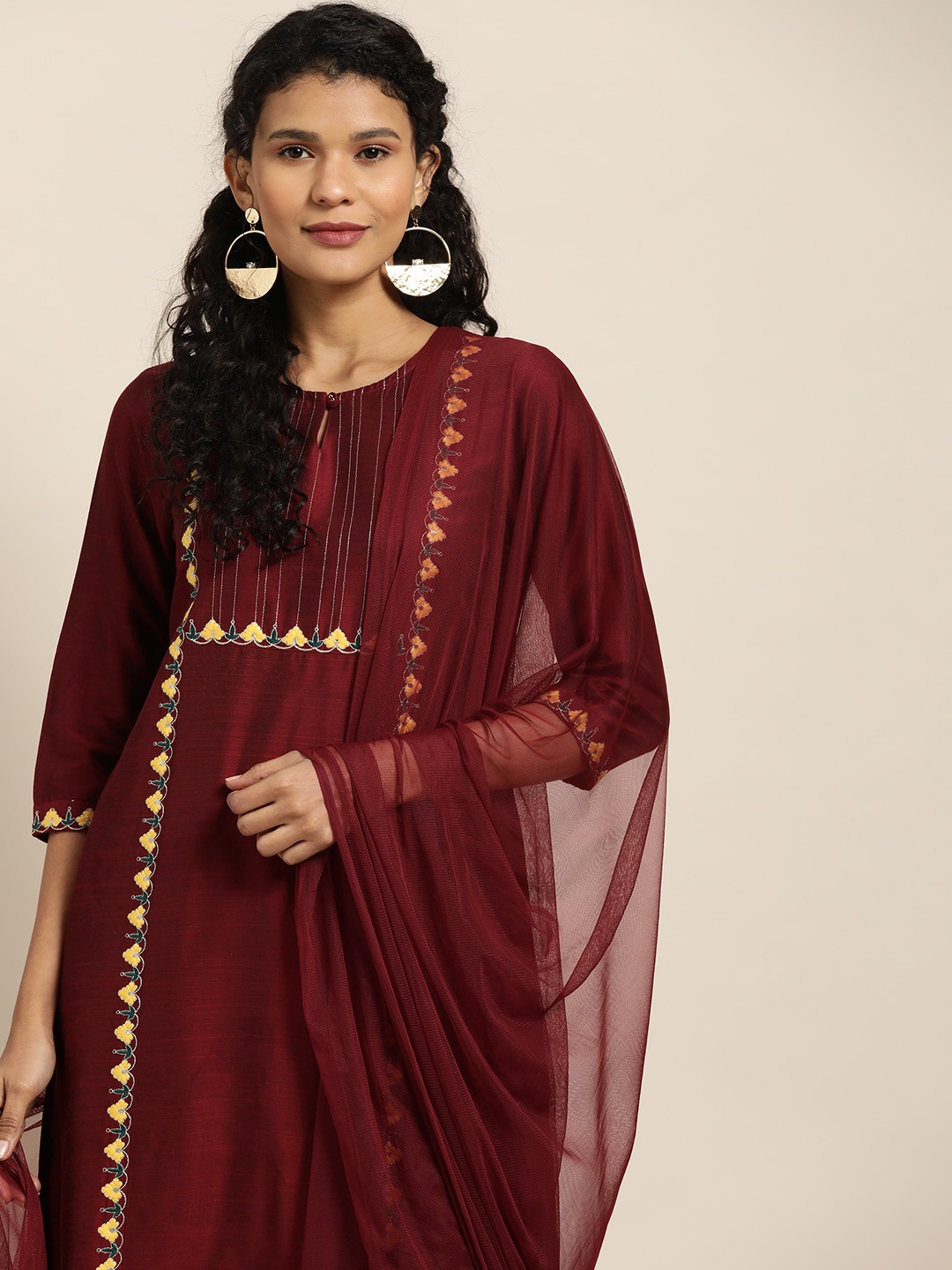 

Sangria Women Maroon Embroidered Kurta with Trousers & Dupatta