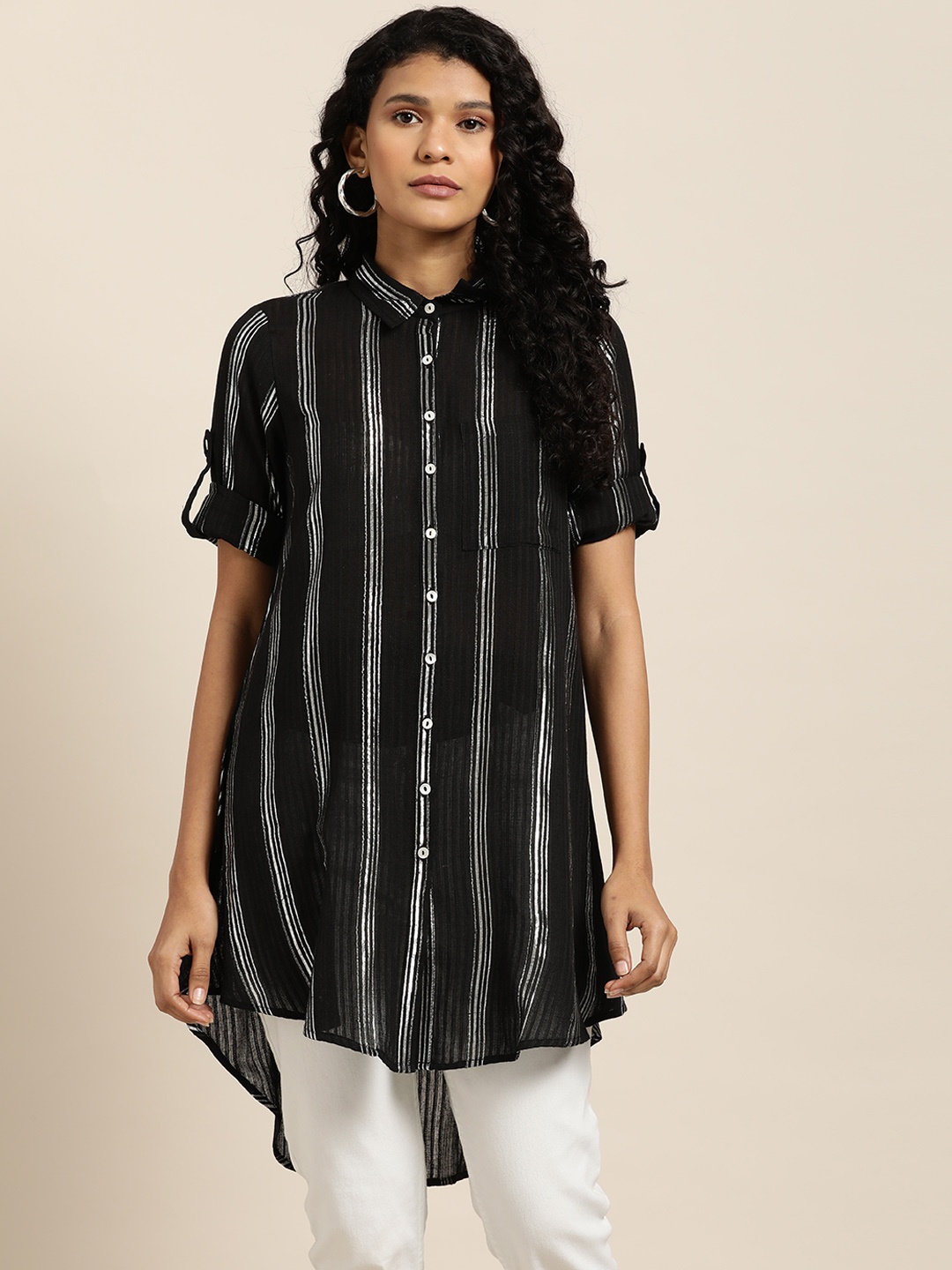 

Sangria Women Black & Silver Striped Shirt Style Tunic