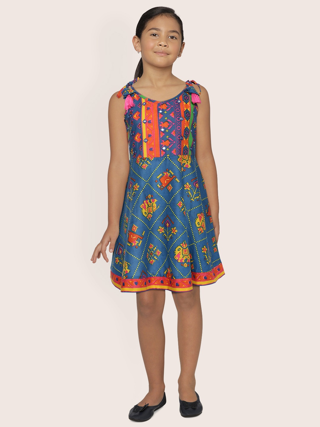 

Sangria Girls Blue & Red Tribal Print A-Line Dress with Mirror Work