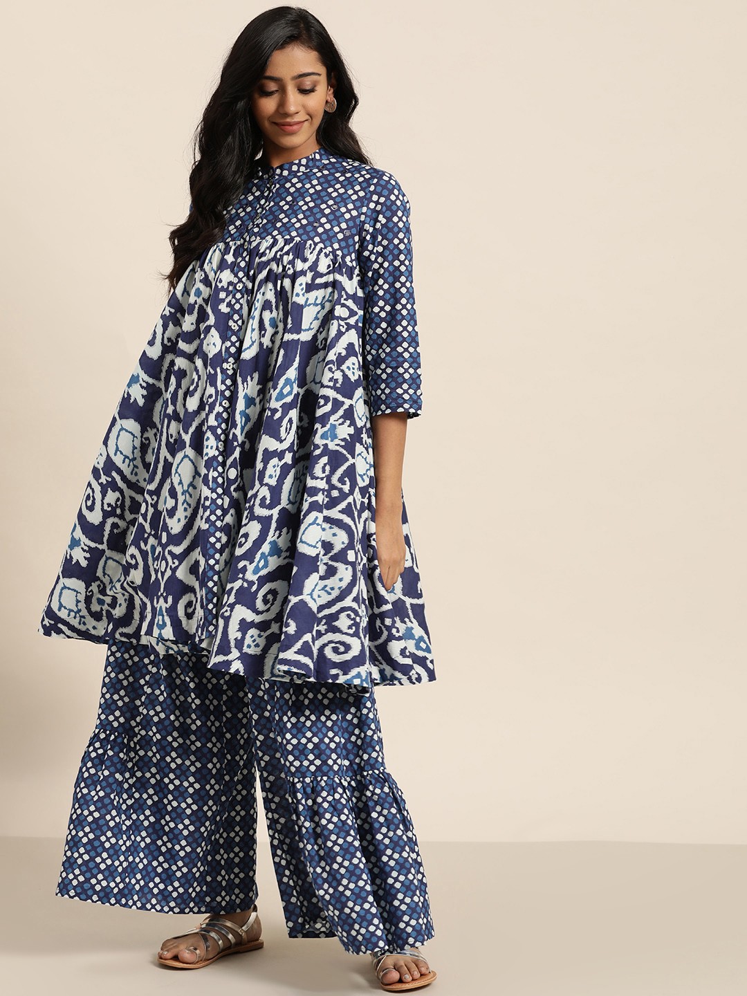 

Sangria Women Blue & White Printed Anarkali Kurta with Sharara