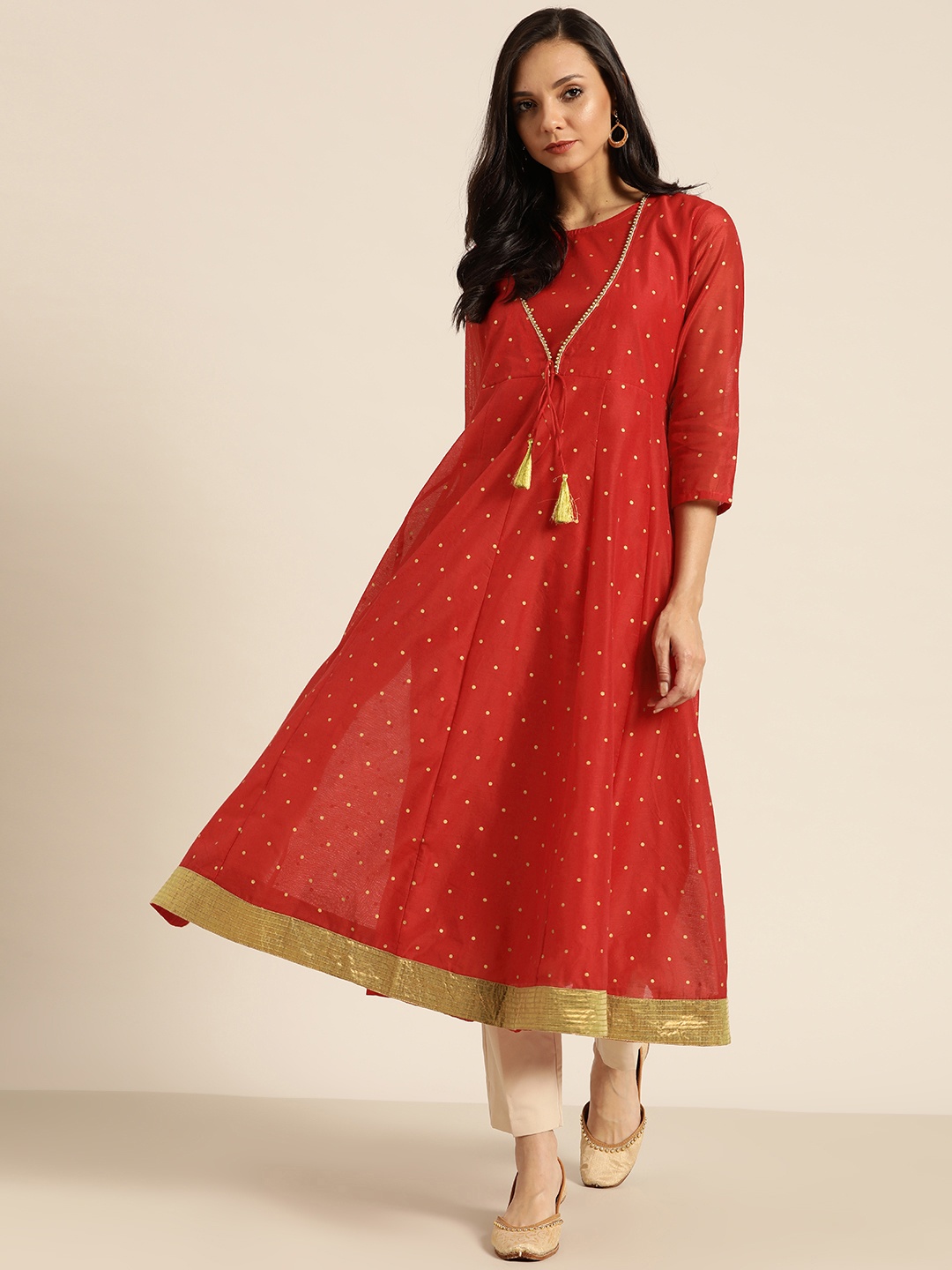 

Sangria Women Red & Golden Ditsy Dots Print Panelled A-Line Kurta