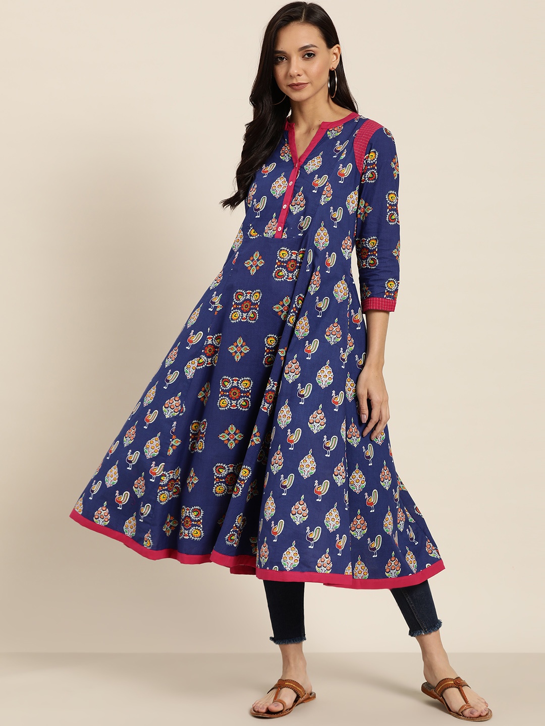 

Sangria Women Blue & Green Pure Cotton Ethnic Print Panelled Anarkali Kurta
