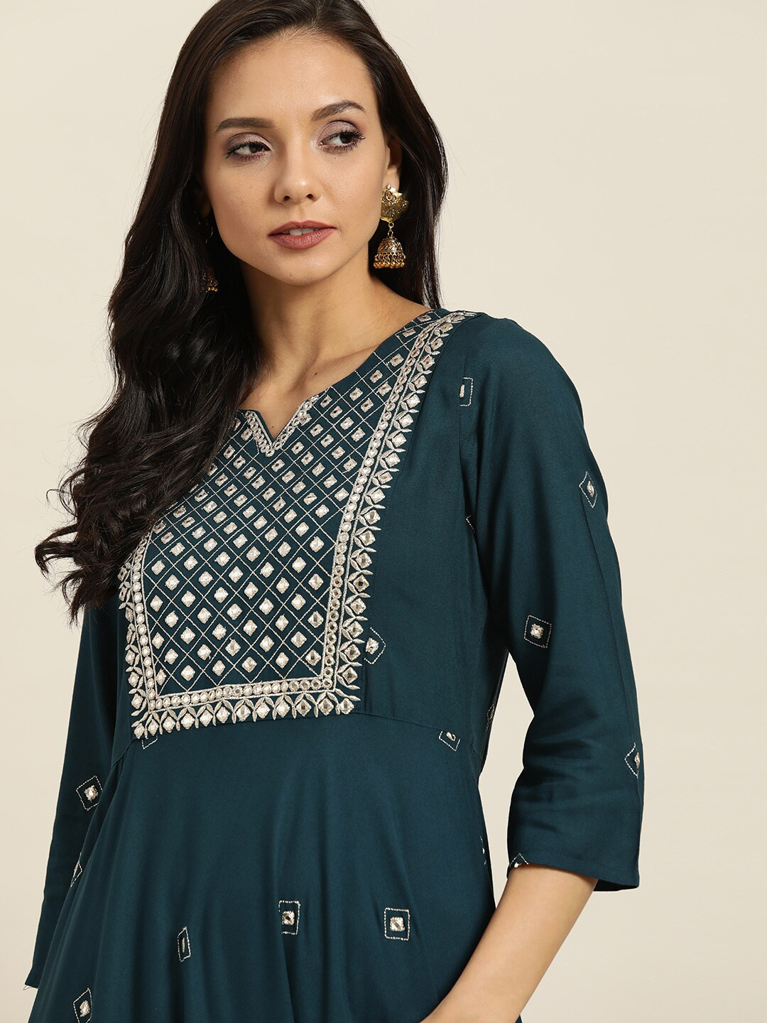 

Sangria Women Navy Blue & White Mirror Work Anarkali Kurta