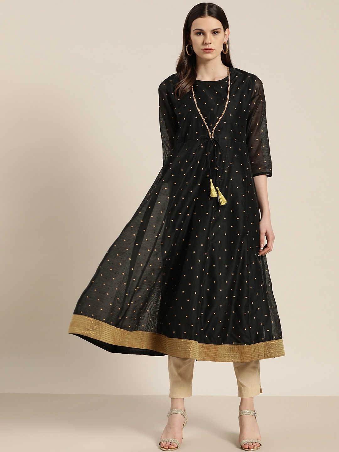 

Sangria Women Black and Golden Printed Layered A-Line Kurta