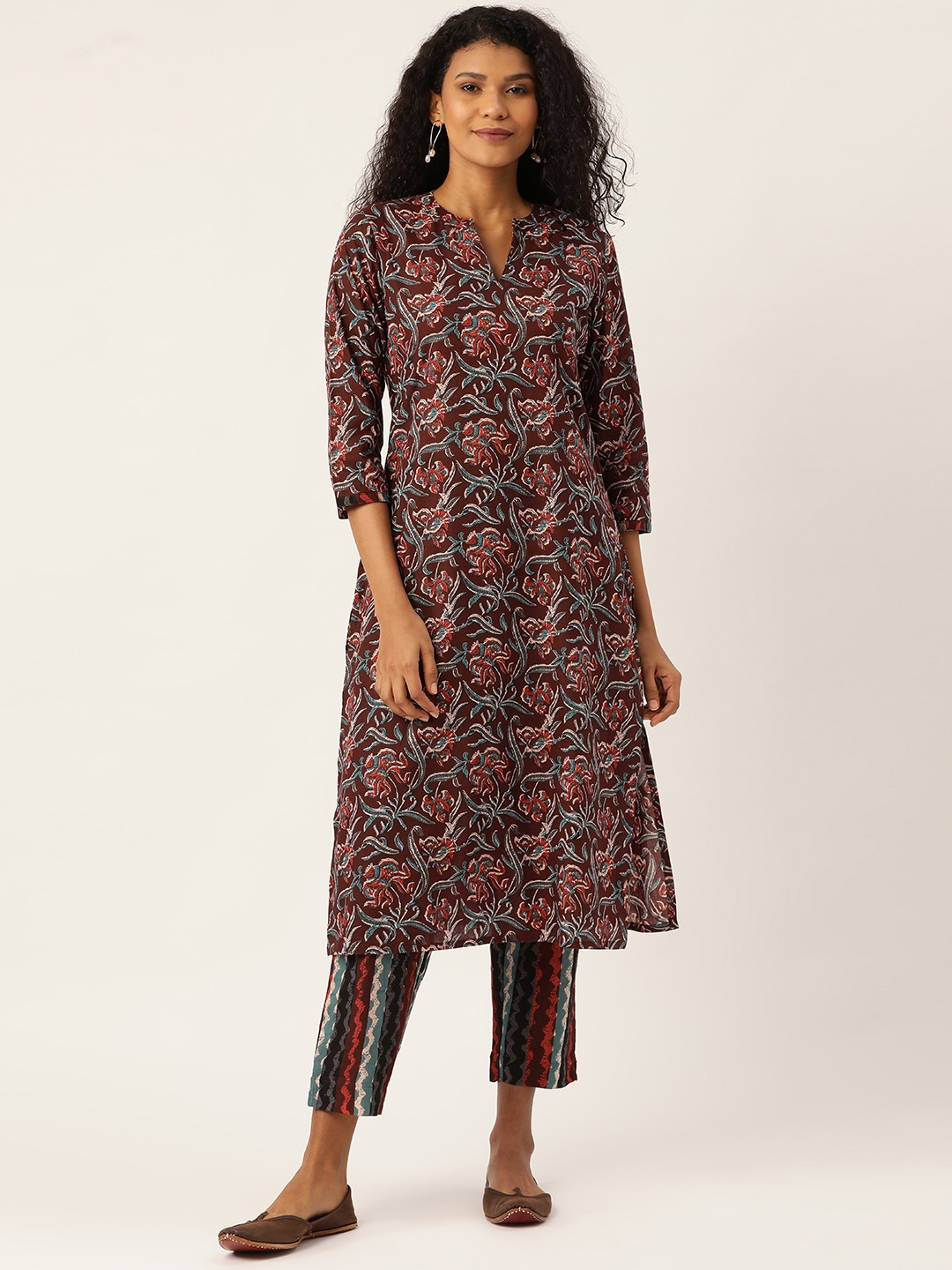 

Sangria Women Coffee Brown & Blue Printed Kurta with Trousers