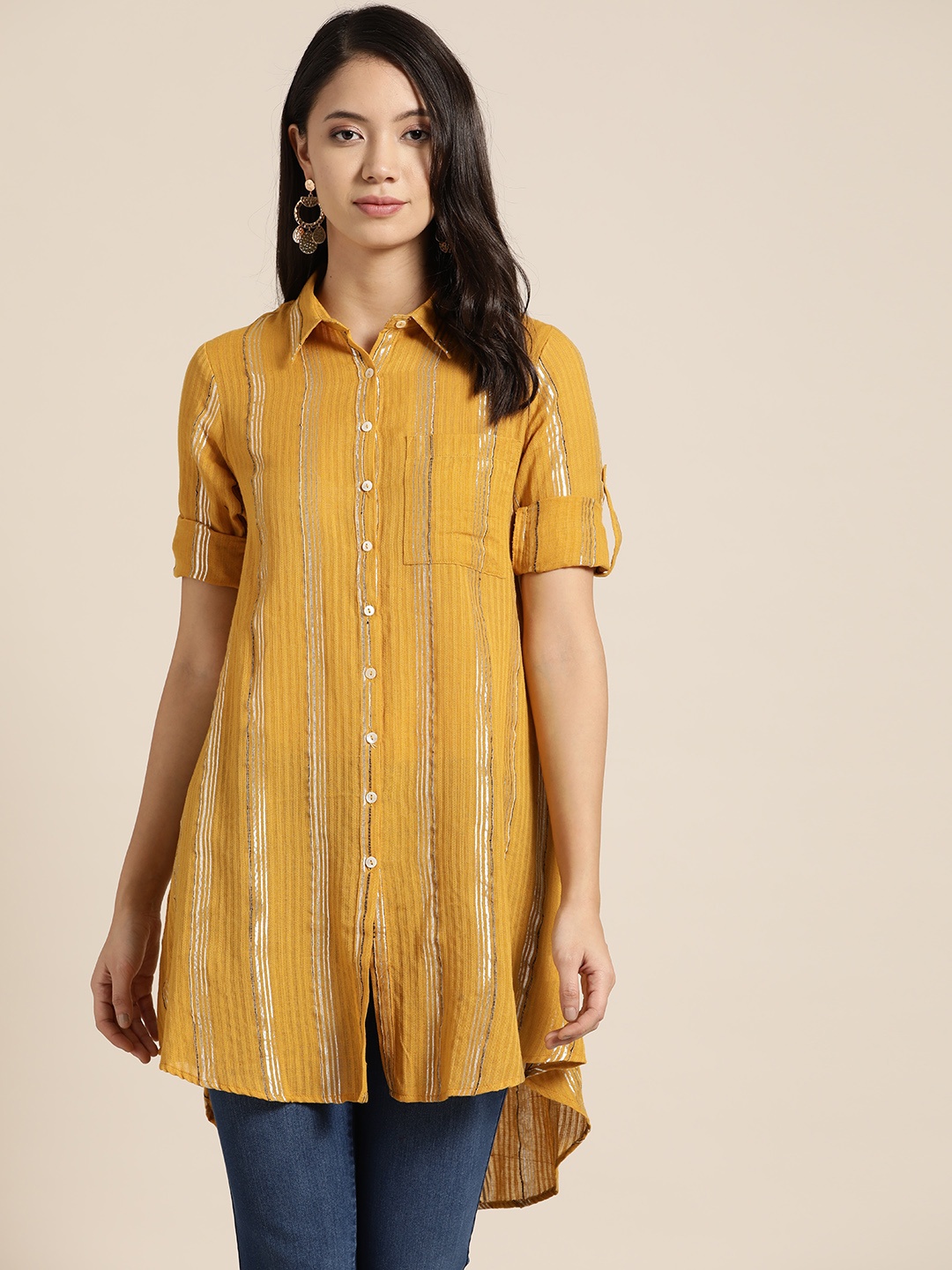 

Sangria Women Mustard Yellow & Golden Striped Tunic With High Low Hem