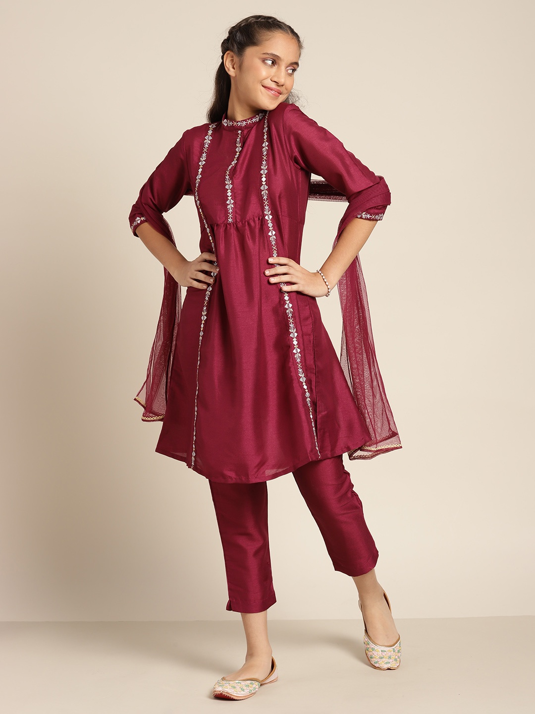 

Sangria Girls Burgundy & Silver Embroidered Anarkali Kurta with Trousers & Dupatta