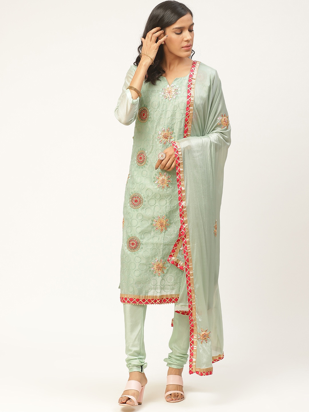 

Shaily Sea Green & Orange Embroidered Unstitched Dress Material