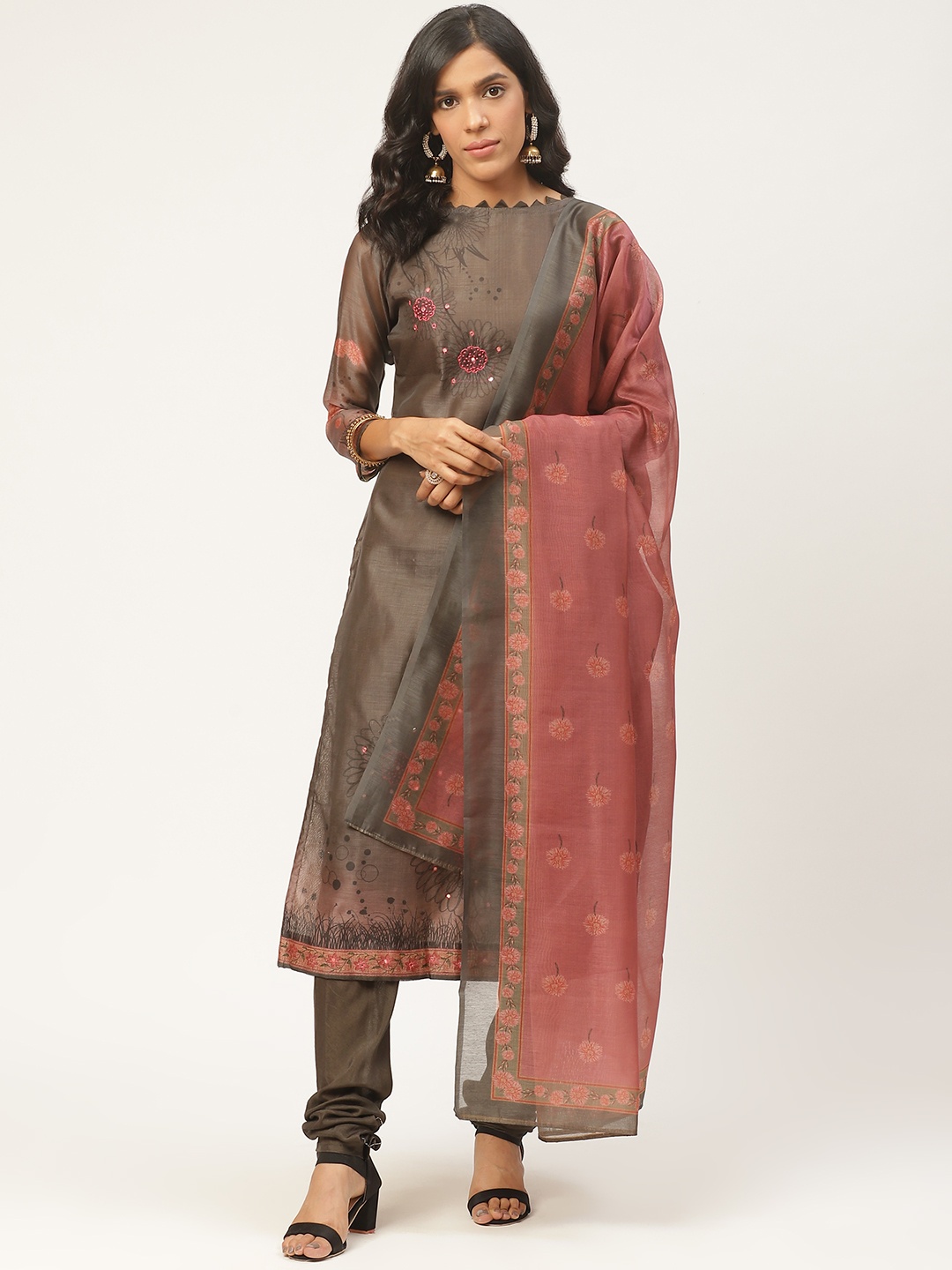 

Shaily Taupe & Dusty Pink Digital Floral Print Unstitched Dress Material with Dupatta