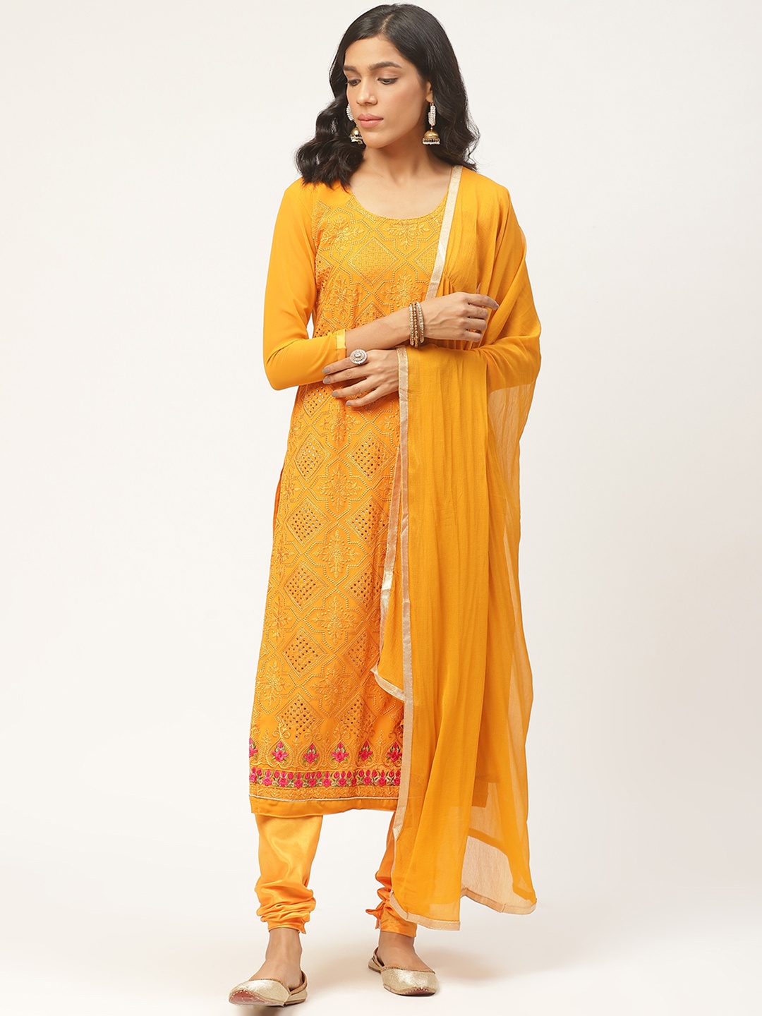 

Shaily Yellow Ethnic Embroidered Unstitched Dress Material with Dupatta