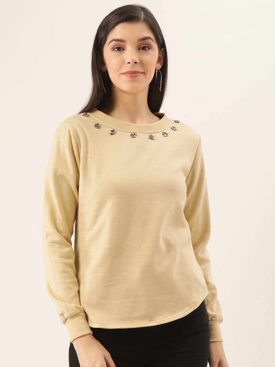 

Belle Fille Women Beige Solid Sweatshirt
