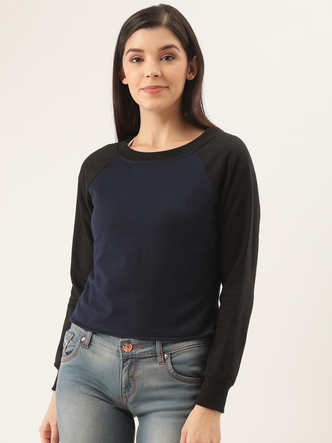 

Belle Fille Women Navy Blue & Black Solid Sweatshirt
