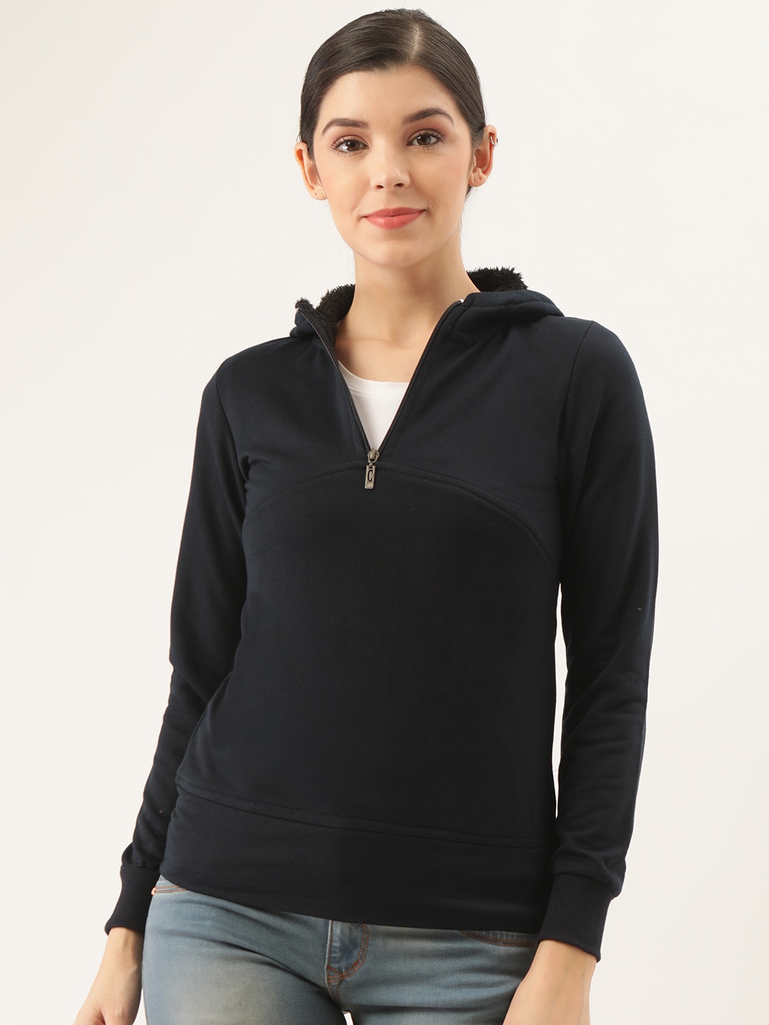 

Belle Fille Women Navy Blue Solid Hooded Sweatshirt