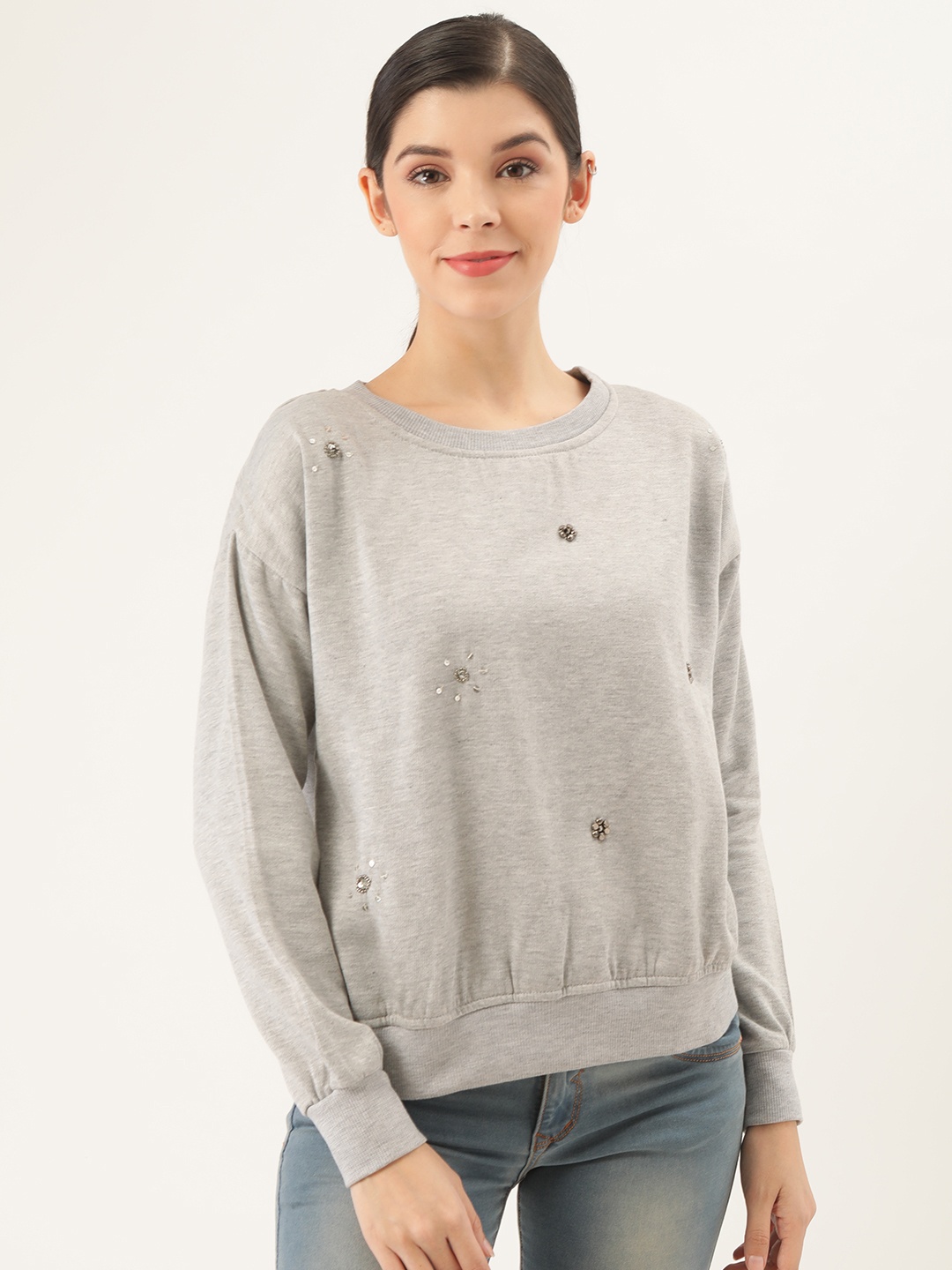 

Belle Fille Women Grey Melange Embellished Sweatshirt