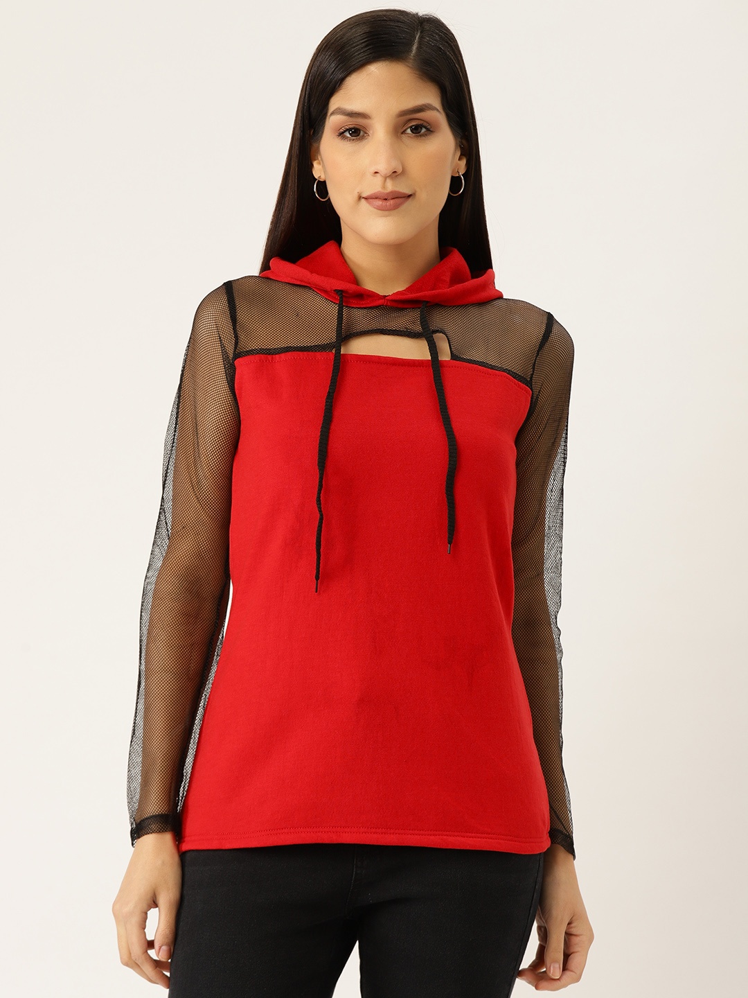 

Belle Fille Women Red & Black Solid Semi-Sheer Hooded Sweatshirt