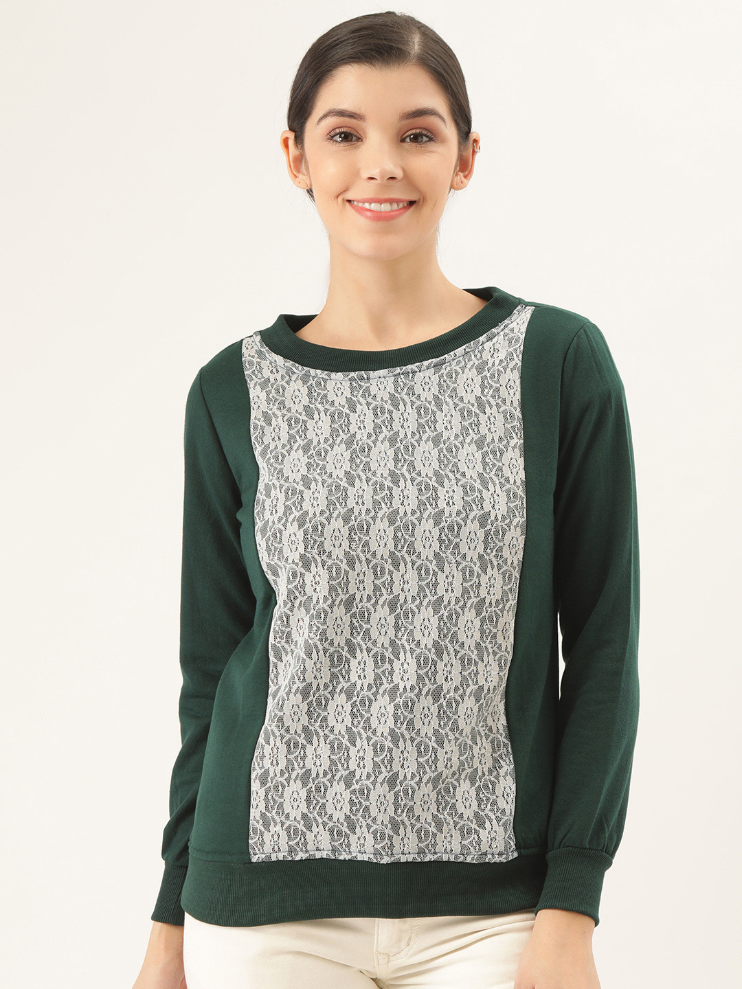 

Belle Fille Women Green & White Lace Panelled Sweatshirt