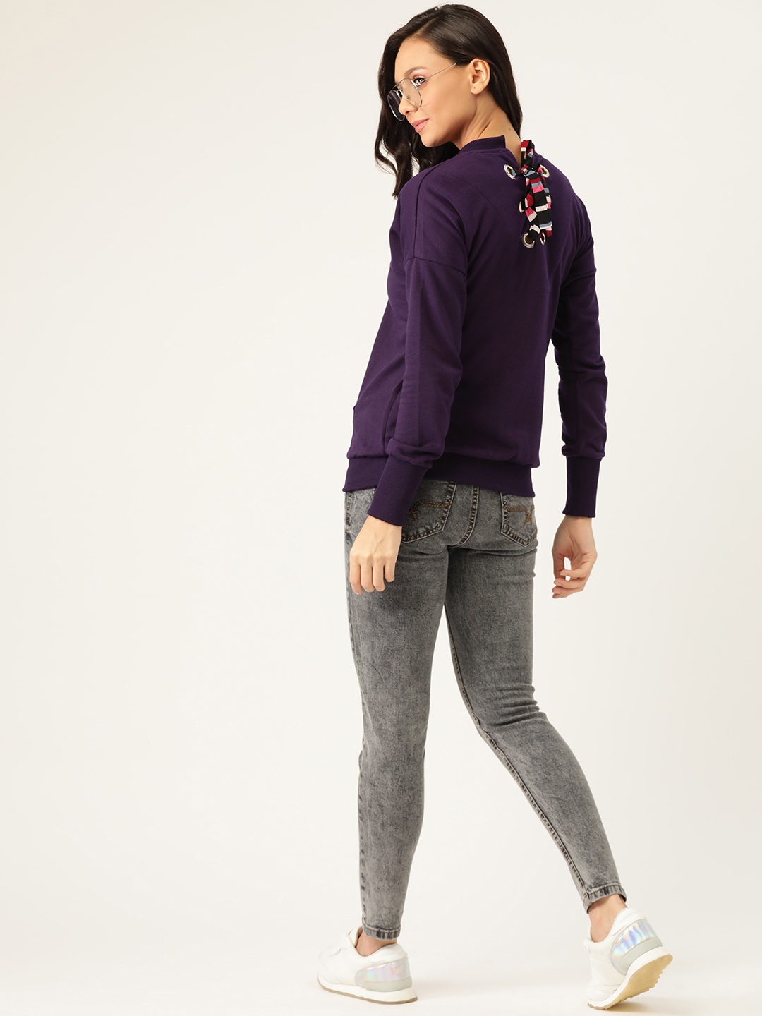 

Belle Fille Women Aubergine Lace-Up Solid Sweatshirt, Purple