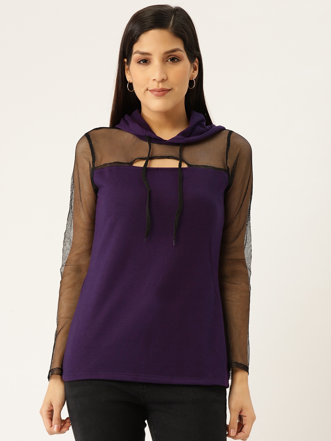 

Belle Fille Women Purple Solid Semi-Sheer Hooded Sweatshirt