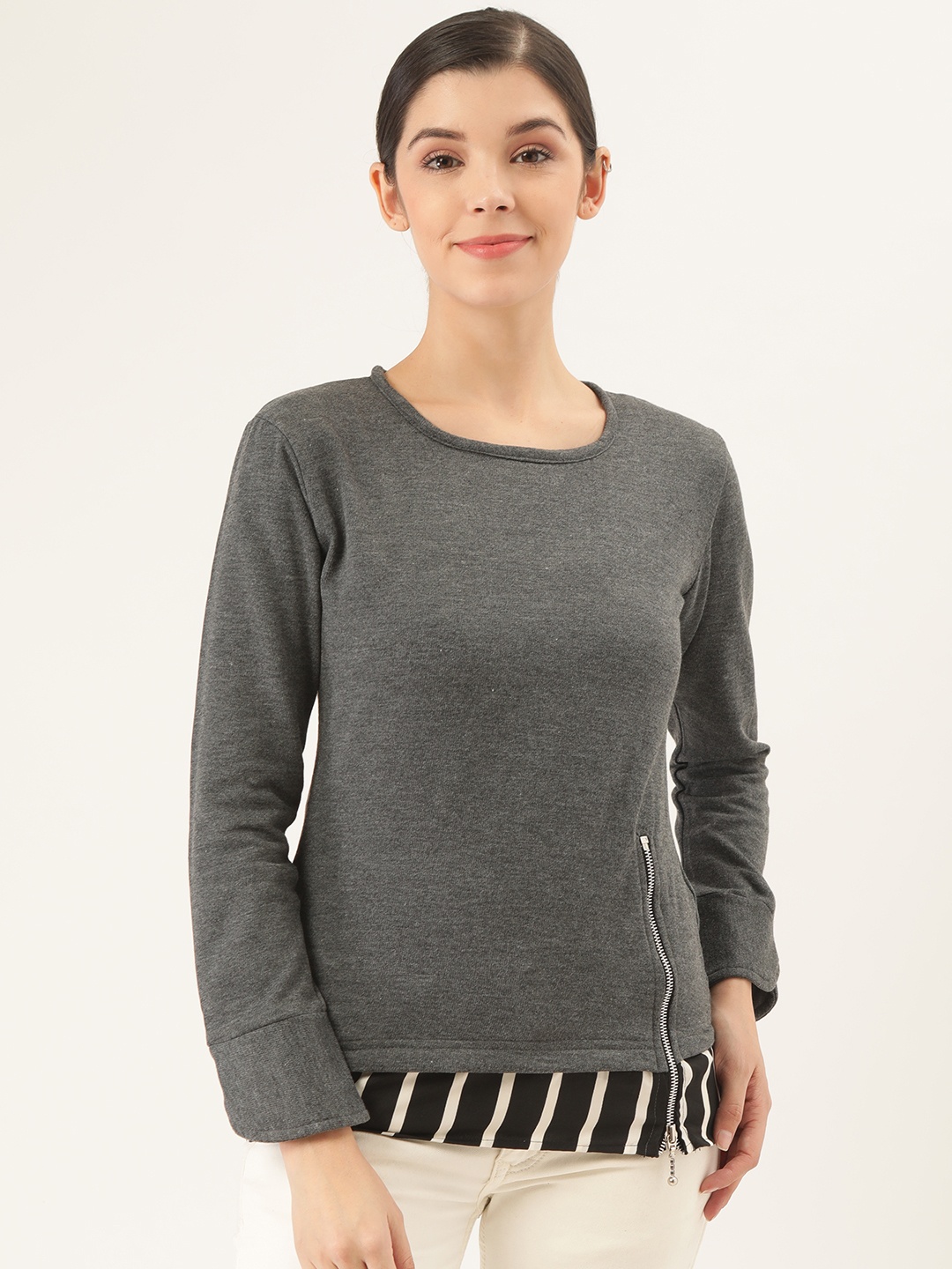 

Belle Fille Women Charcoal Grey Solid Winter Top