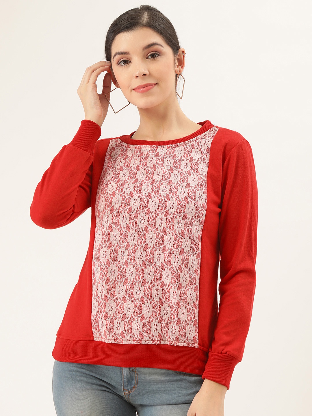 

Belle Fille Women Red & White Lace Panelled Sweatshirt