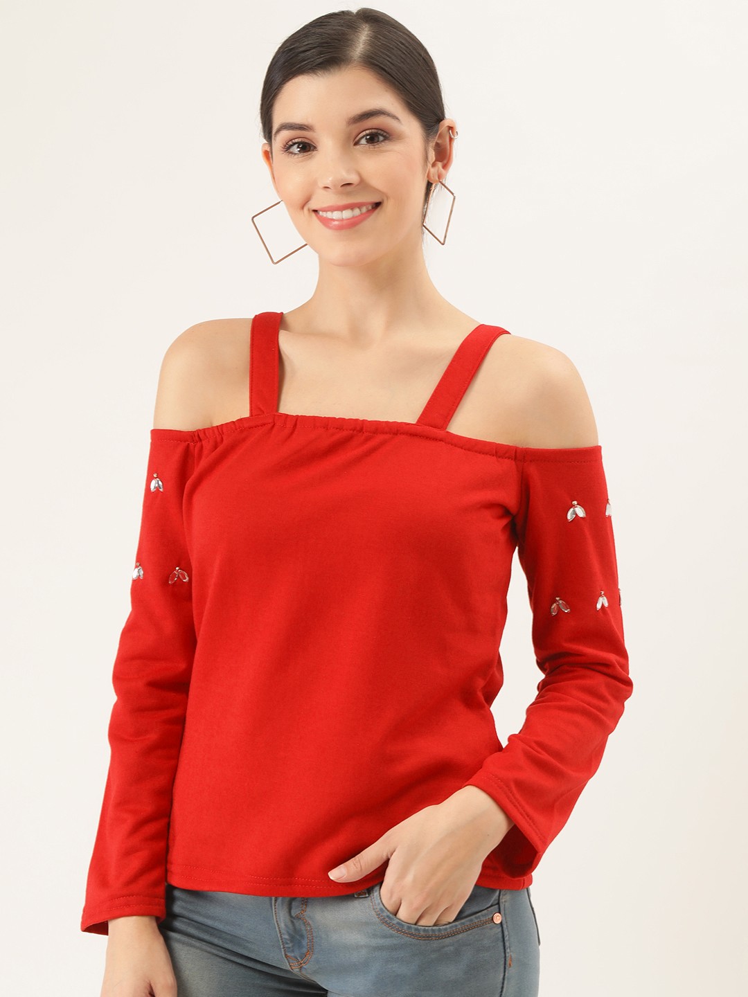 

Belle Fille Women Red Solid Cold-Shoulder Sweatshirt