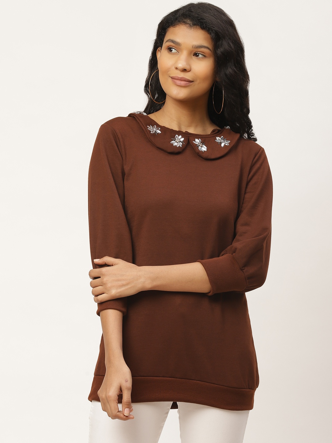 

Belle Fille Women Coffee Brown Solid Longline Sweatshirt